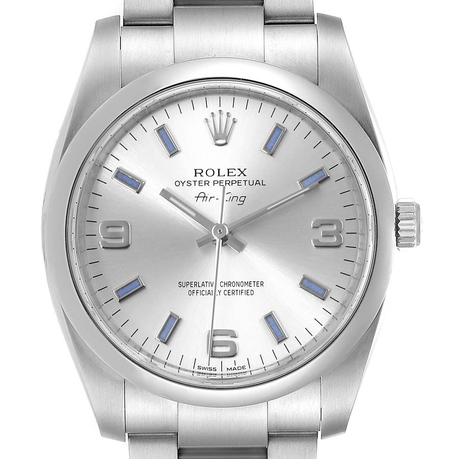 Rolex Air King 34 Silver Dial Blue Baton Hour Markers Steel Watch 114200 SwissWatchExpo