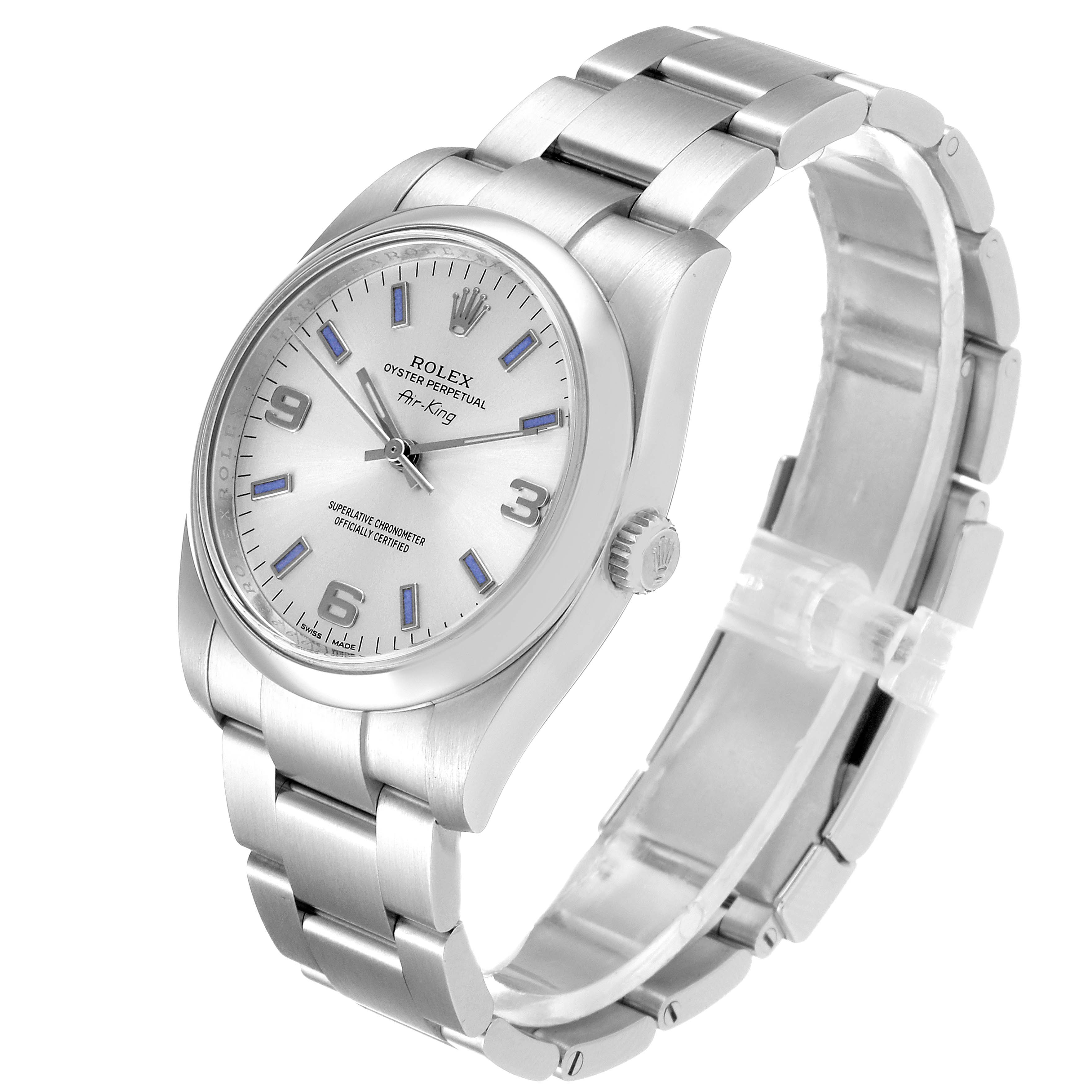 The image shows a side view of the Rolex Air-King 114200 Men's Stainless Steel Silver Dial 114200 Men's Stainless Steel Silver Dial watch, displaying its dial, casing, and part of the metal bracelet.