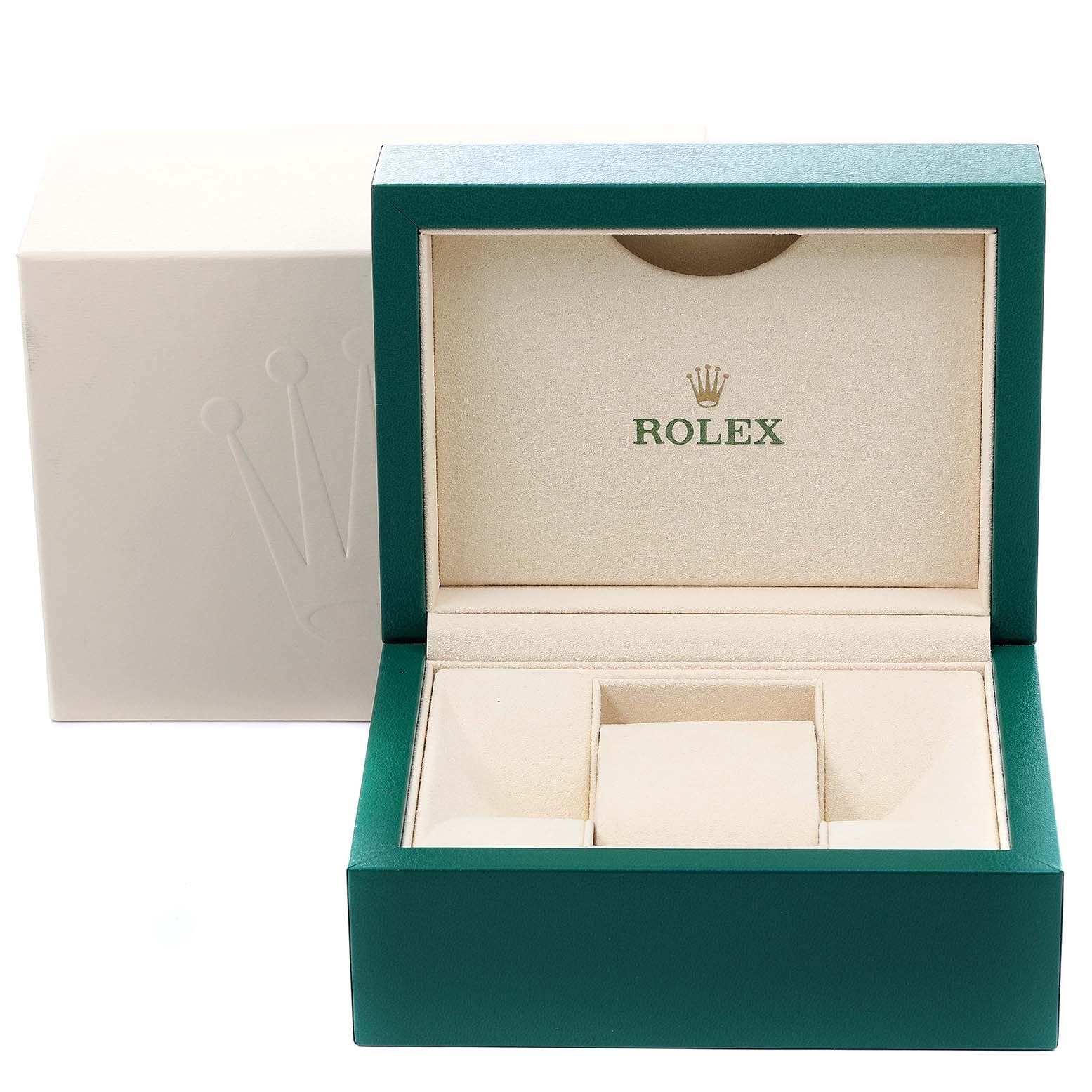 This is an open green and cream Rolex Air-King 114200 Men's Stainless Steel Silver Dial 114200 Men's Stainless Steel Silver Dial watch box, showcasing the interior compartments.