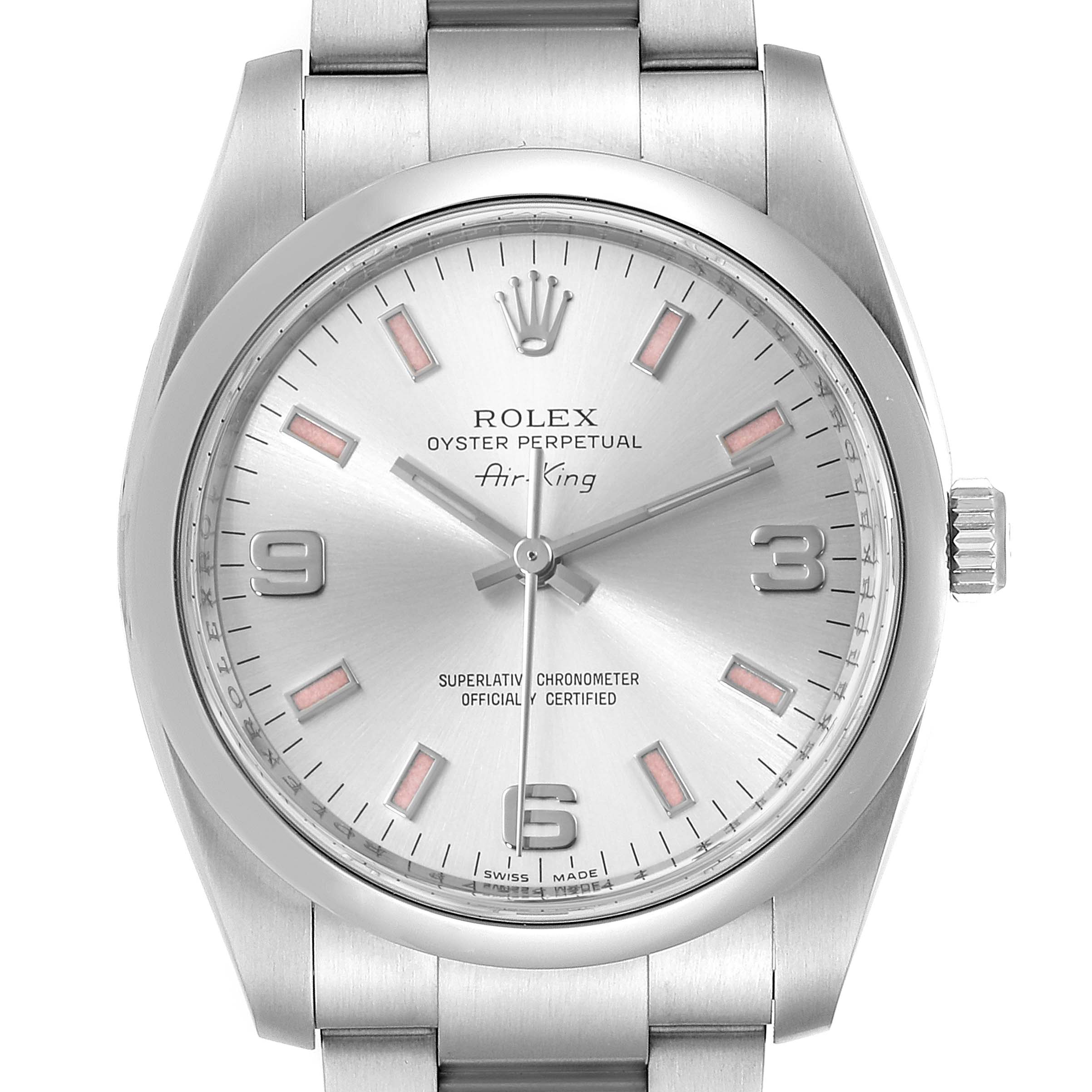 This image shows the dial, casing, and part of the bracelet of the Rolex Air-King 114200 Men's Stainless Steel Silver Dial 114200 Men's Stainless Steel Silver Dial watch from a front angle.