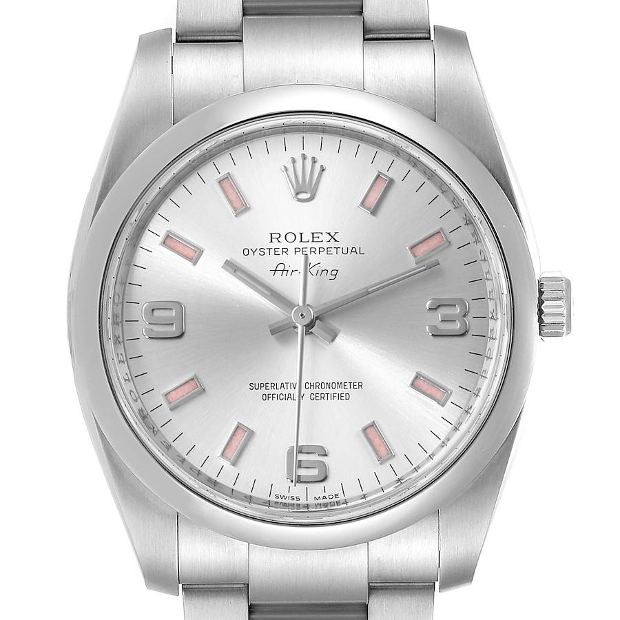 Rolex Air King 34 Silver Dial Pink Baton Hour Markers Steel Watch 114200 SwissWatchExpo