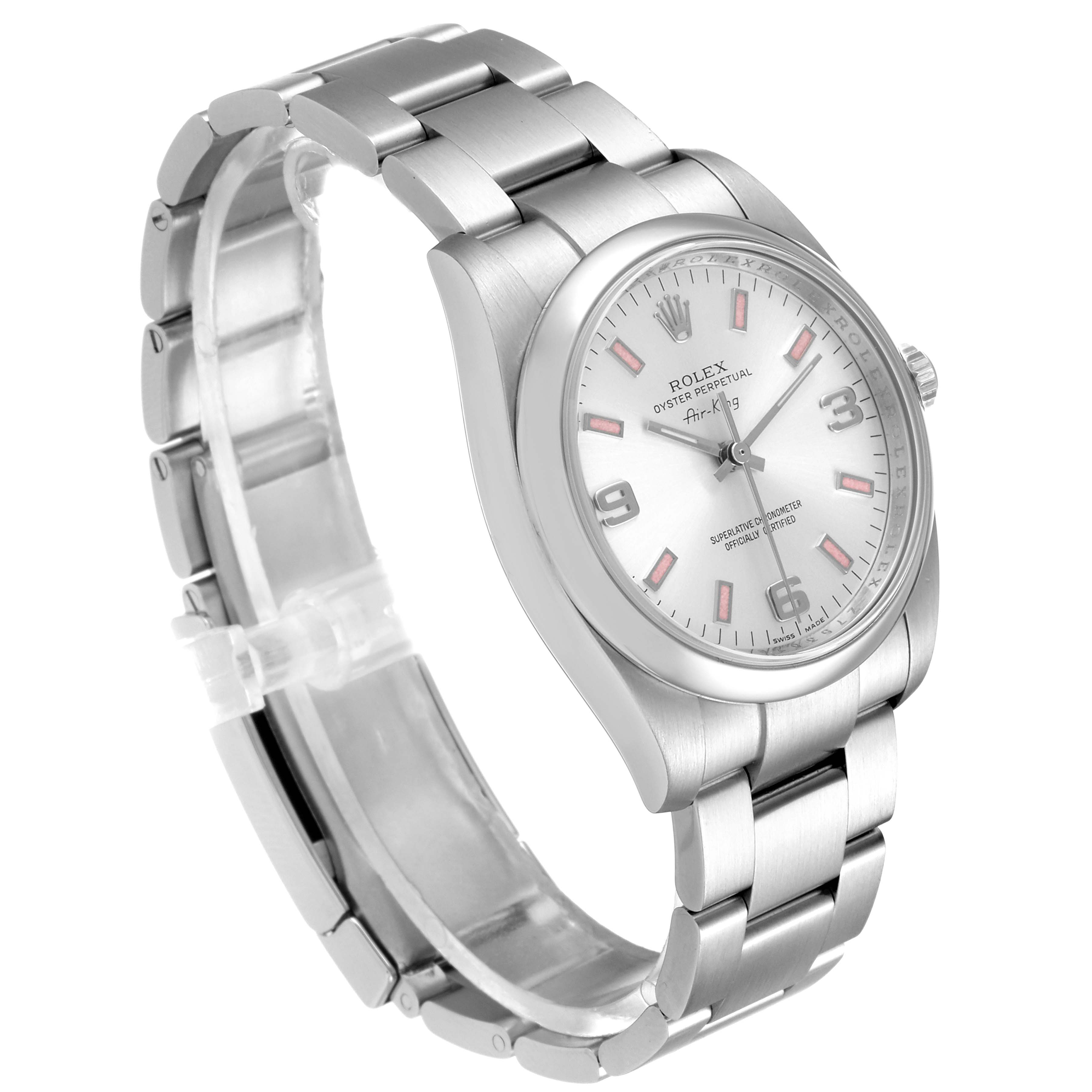 This Rolex Air-King 114200 Men's Stainless Steel Silver Dial 114200 Men's Stainless Steel Silver Dial watch is shown from a three-quarter angle, displaying the face, bezel, and bracelet.
