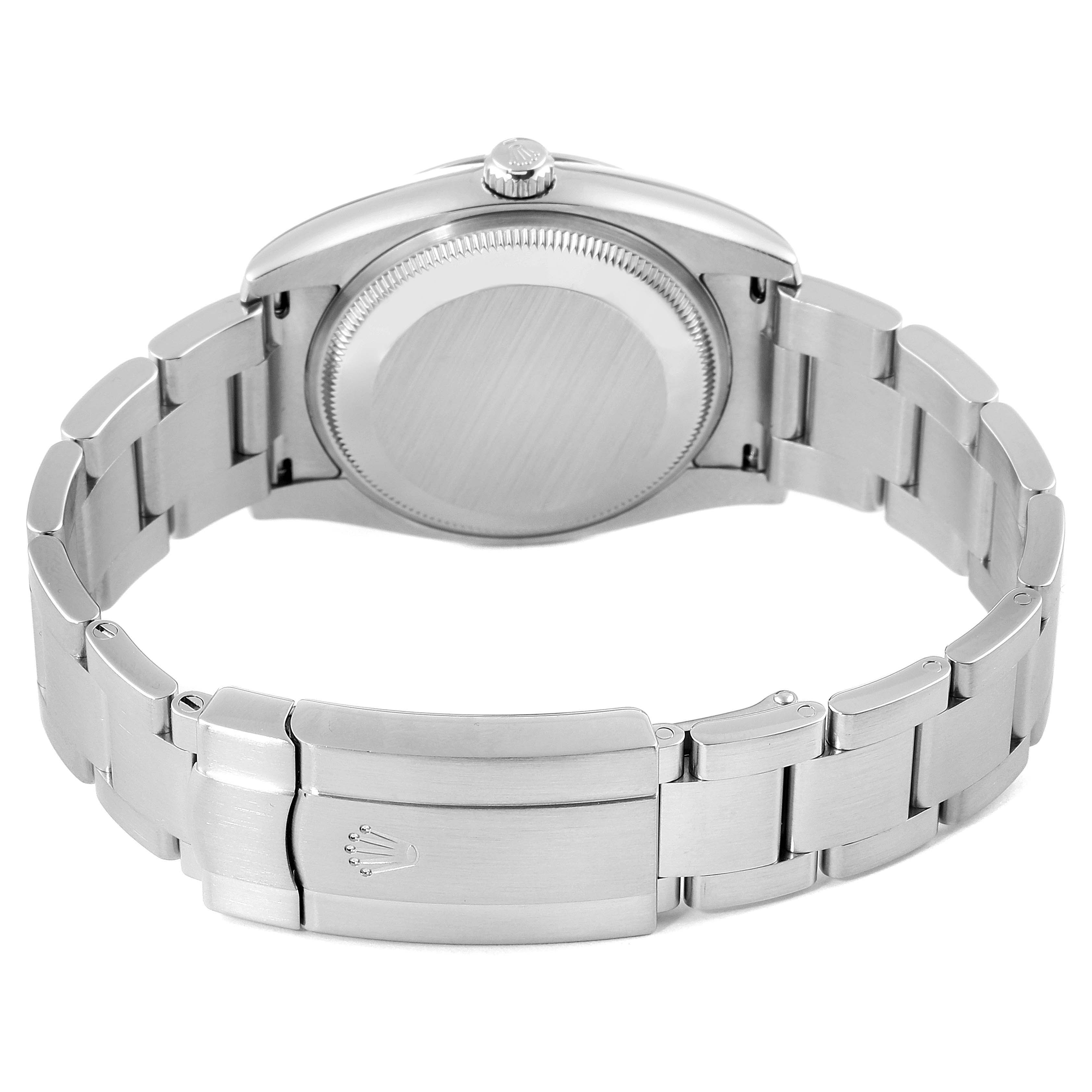 This image shows the back view and clasp of the Rolex Air-King 114200 Men's Stainless Steel Silver Dial 114200 Men's Stainless Steel Silver Dial watch, highlighting its stainless steel bracelet and case back.
