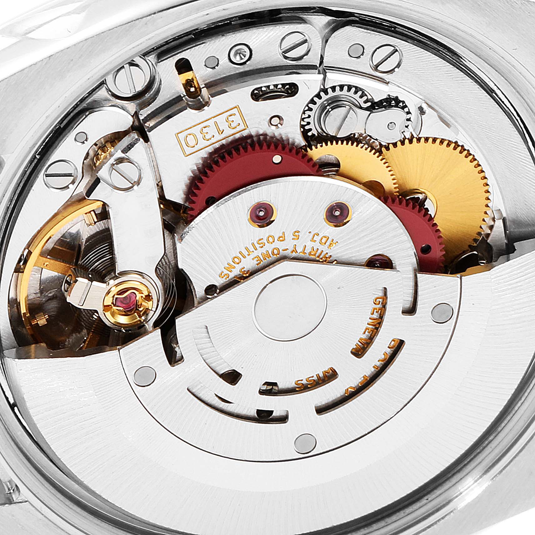 This image shows a close-up view of the movement and inner mechanism of a Rolex Air-King 114200 Men's Stainless Steel Silver Dial 114200 Men's Stainless Steel Silver Dial watch, highlighting gears and components.