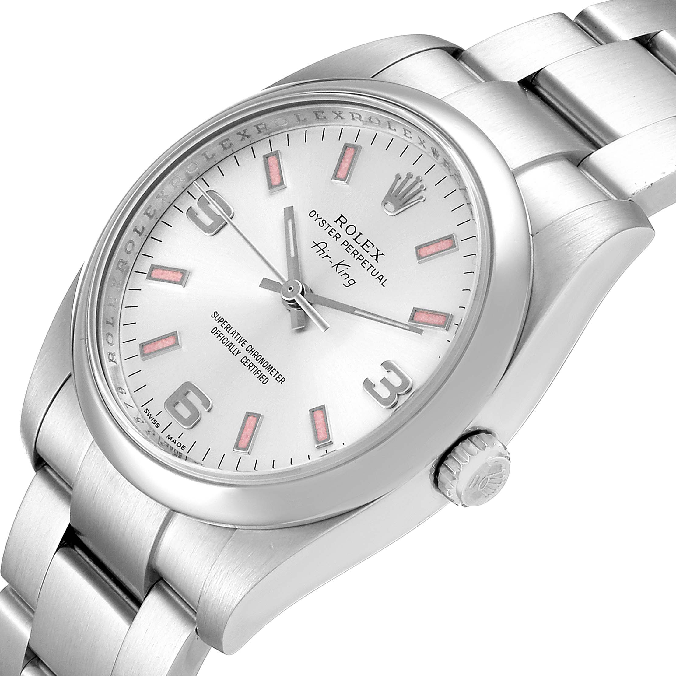 The image shows an angled close-up of a Rolex Air-King 114200 Men's Stainless Steel Silver Dial 114200 Men's Stainless Steel Silver Dial watch, highlighting the dial, bezel, crown, and part of the bracelet.