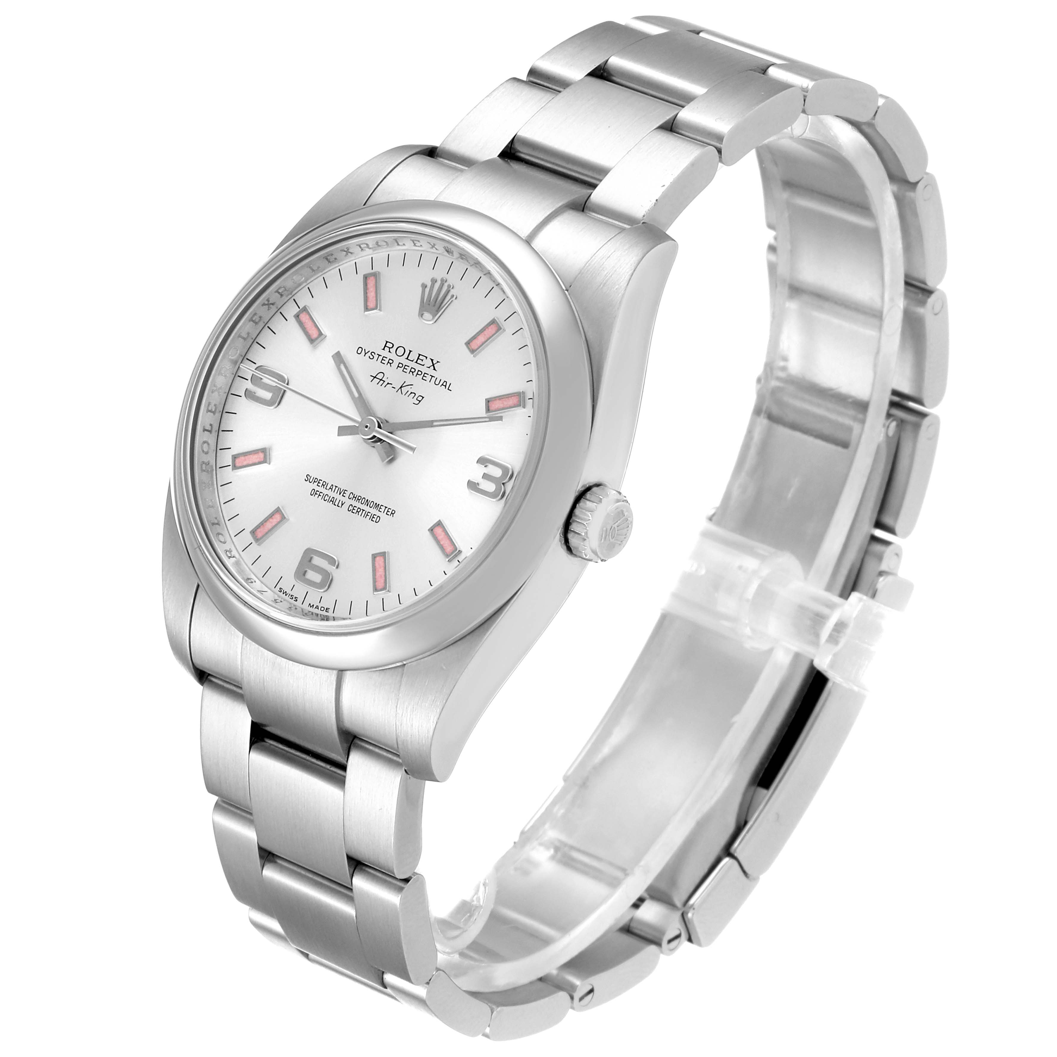 The Rolex Air-King 114200 Men's Stainless Steel Silver Dial 114200 Men's Stainless Steel Silver Dial watch is shown at a three-quarter angle highlighting the dial, bracelet, and crown.
