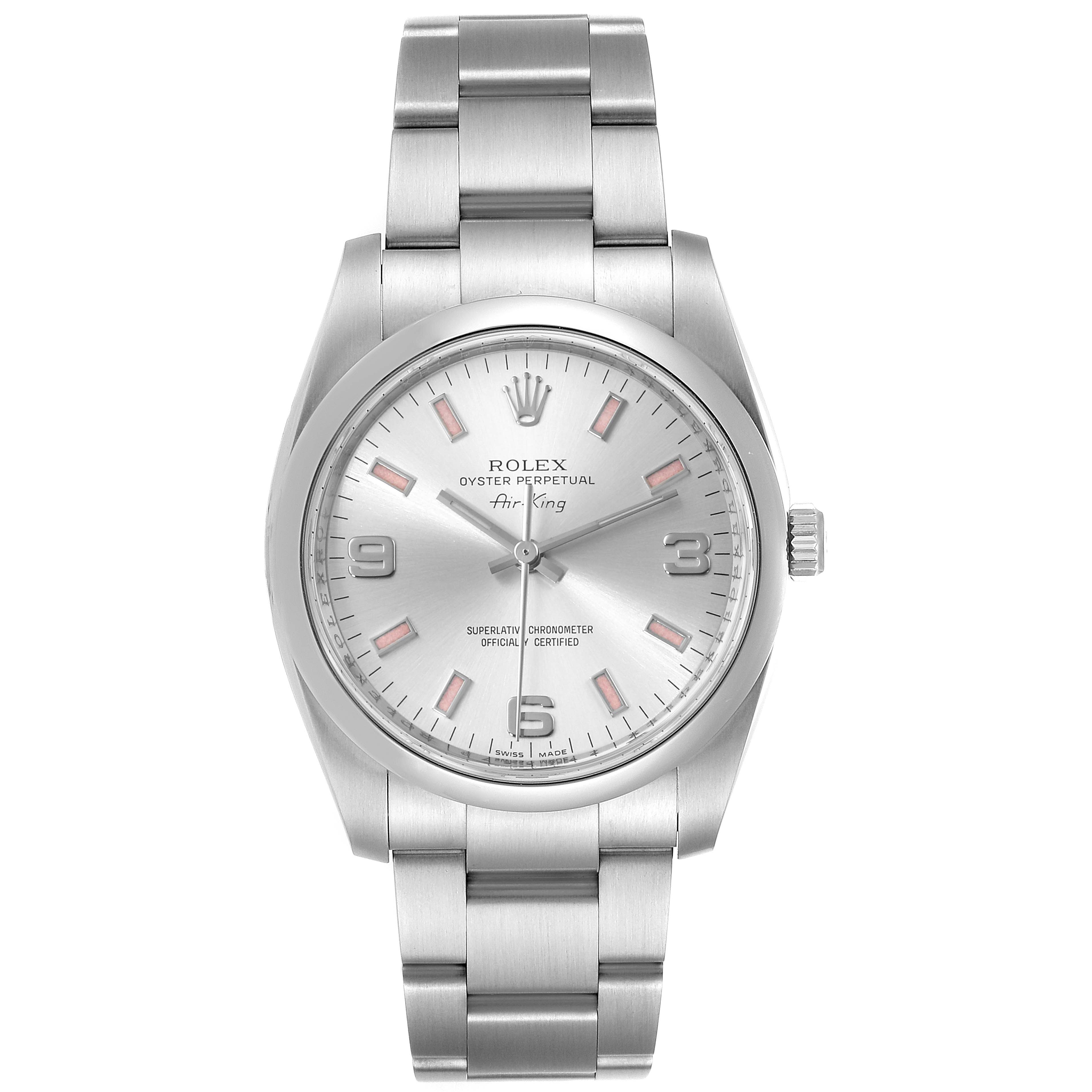 The image displays a Rolex Air-King 114200 Men's Stainless Steel Silver Dial 114200 Men's Stainless Steel Silver Dial watch, viewed from the front, showing the dial, bezel, and bracelet.