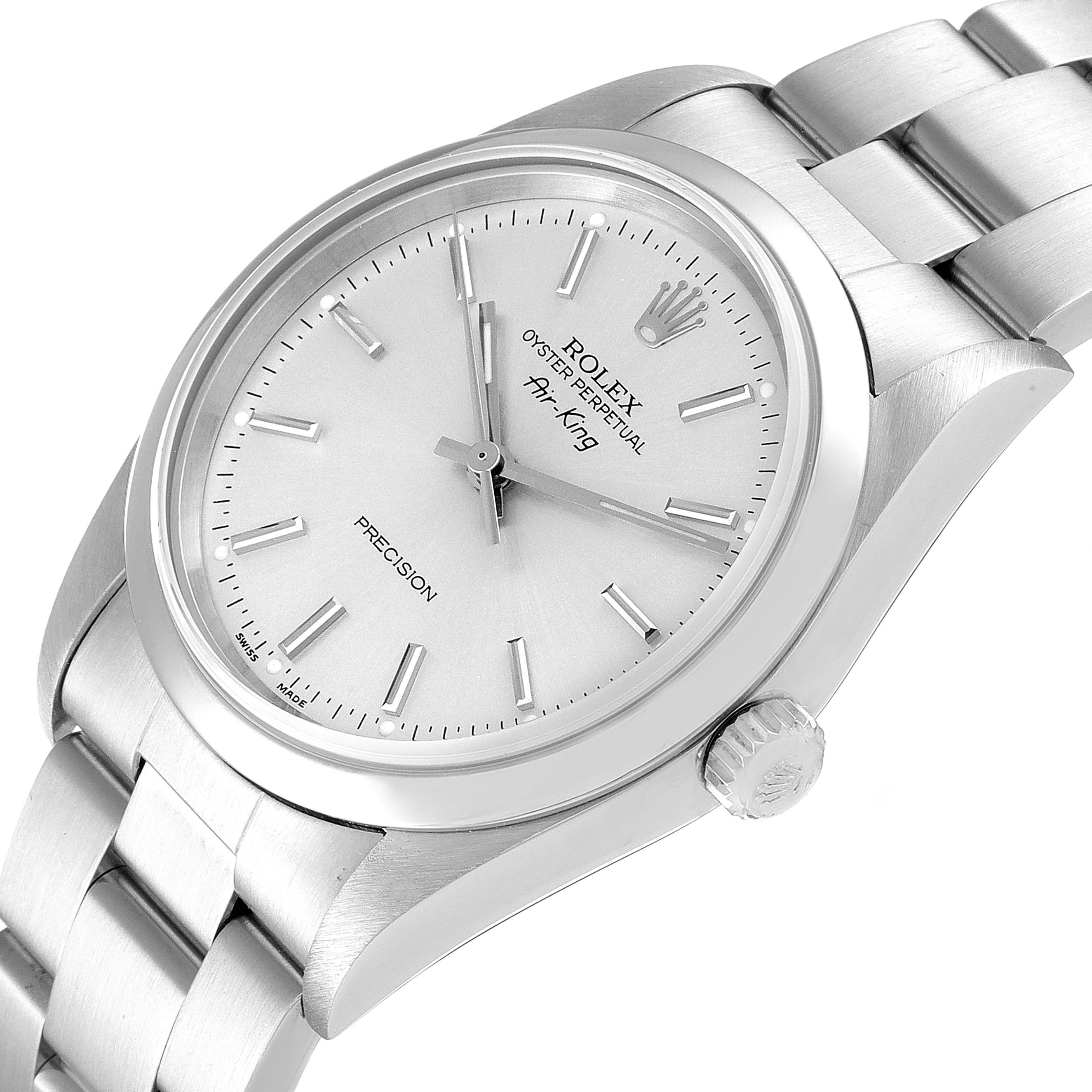 The Rolex Air-King 14000 Men's Stainless Steel Silver Dial 14000 Men's Stainless Steel Silver Dial watch is shown at an angle, highlighting the dial, crown, and upper bracelet links.