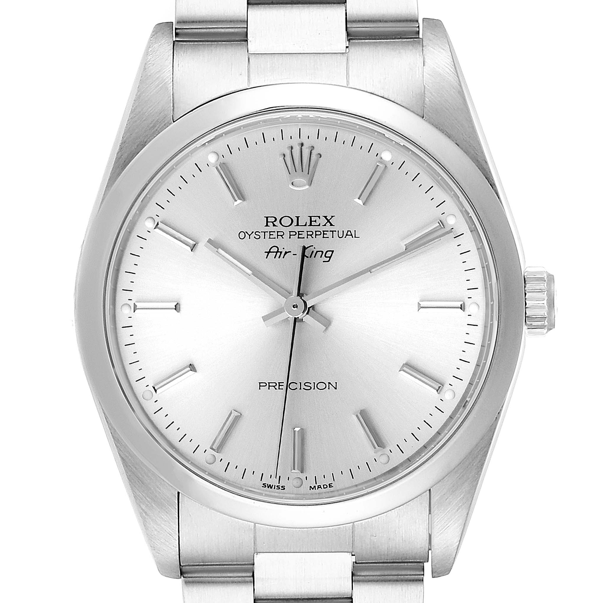 The image shows a front view of the Rolex Air-King 14000 Men's Stainless Steel Silver Dial 14000 Men's Stainless Steel Silver Dial watch, featuring its dial, bezel, and part of the bracelet.