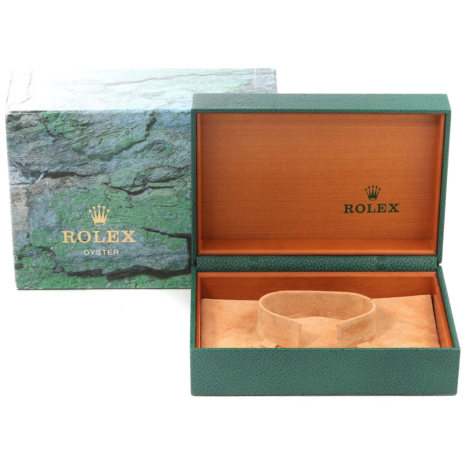 The image shows the open green and wooden Rolex Air-King 14000 Men's Stainless Steel Silver Dial 14000 Men's Stainless Steel Silver Dial watch box and the outer packaging.