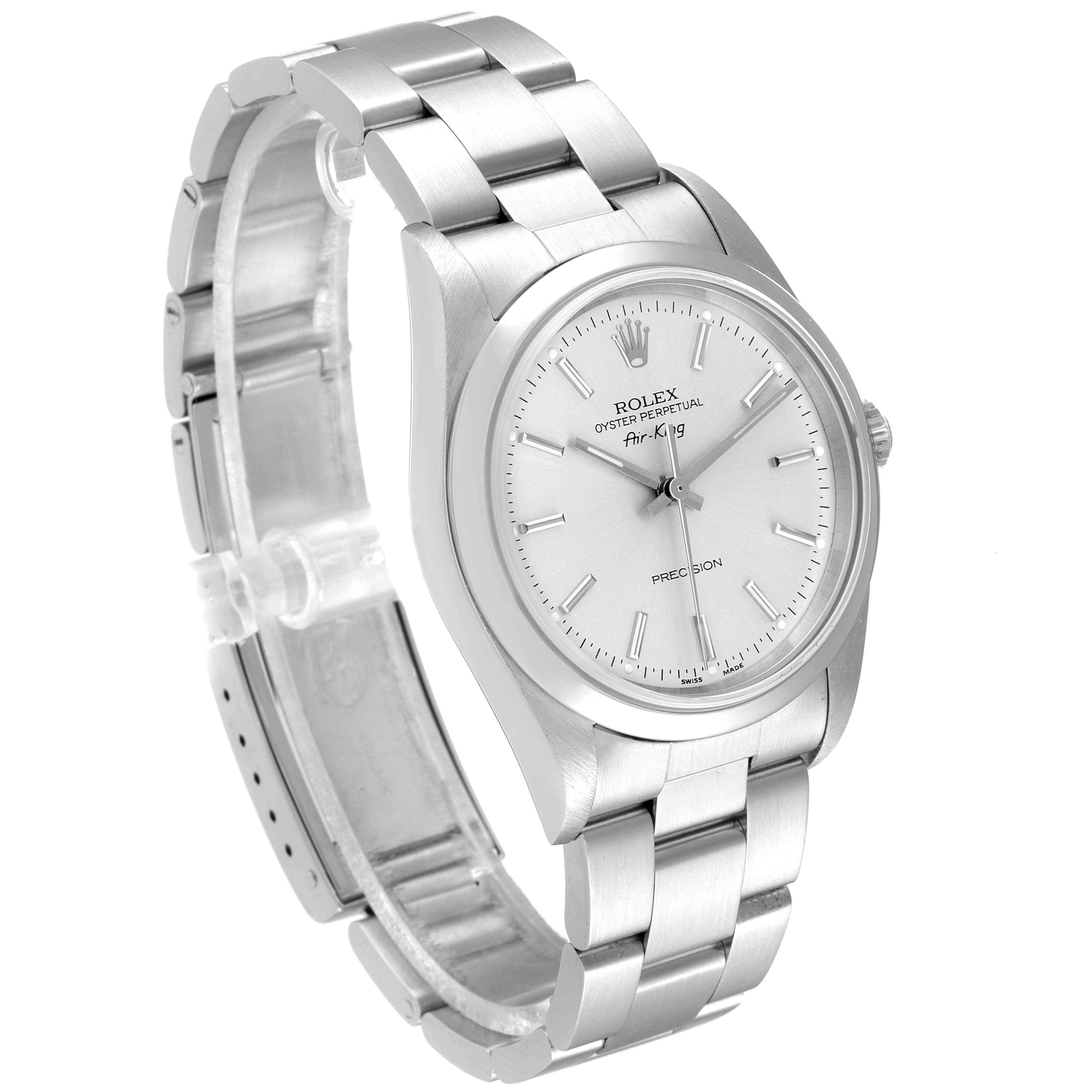 The image shows a Rolex Air-King 14000 Men's Stainless Steel Silver Dial 14000 Men's Stainless Steel Silver Dial watch at a slight angle, highlighting its face, bezel, and metal bracelet.