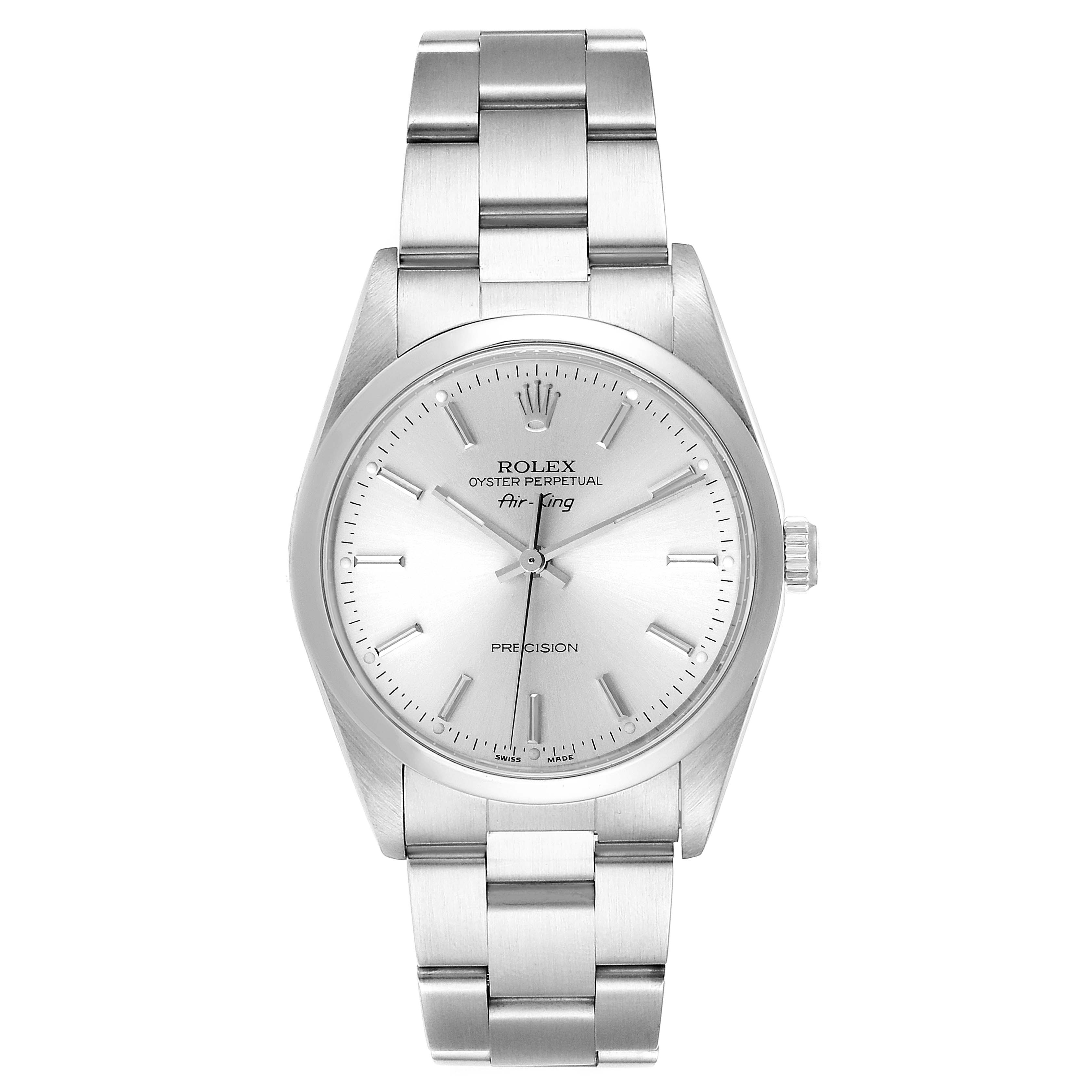The image showcases the front view of a Rolex Air-King 14000 Men's Stainless Steel Silver Dial 14000 Men's Stainless Steel Silver Dial watch, highlighting its dial, bezel, and bracelet.