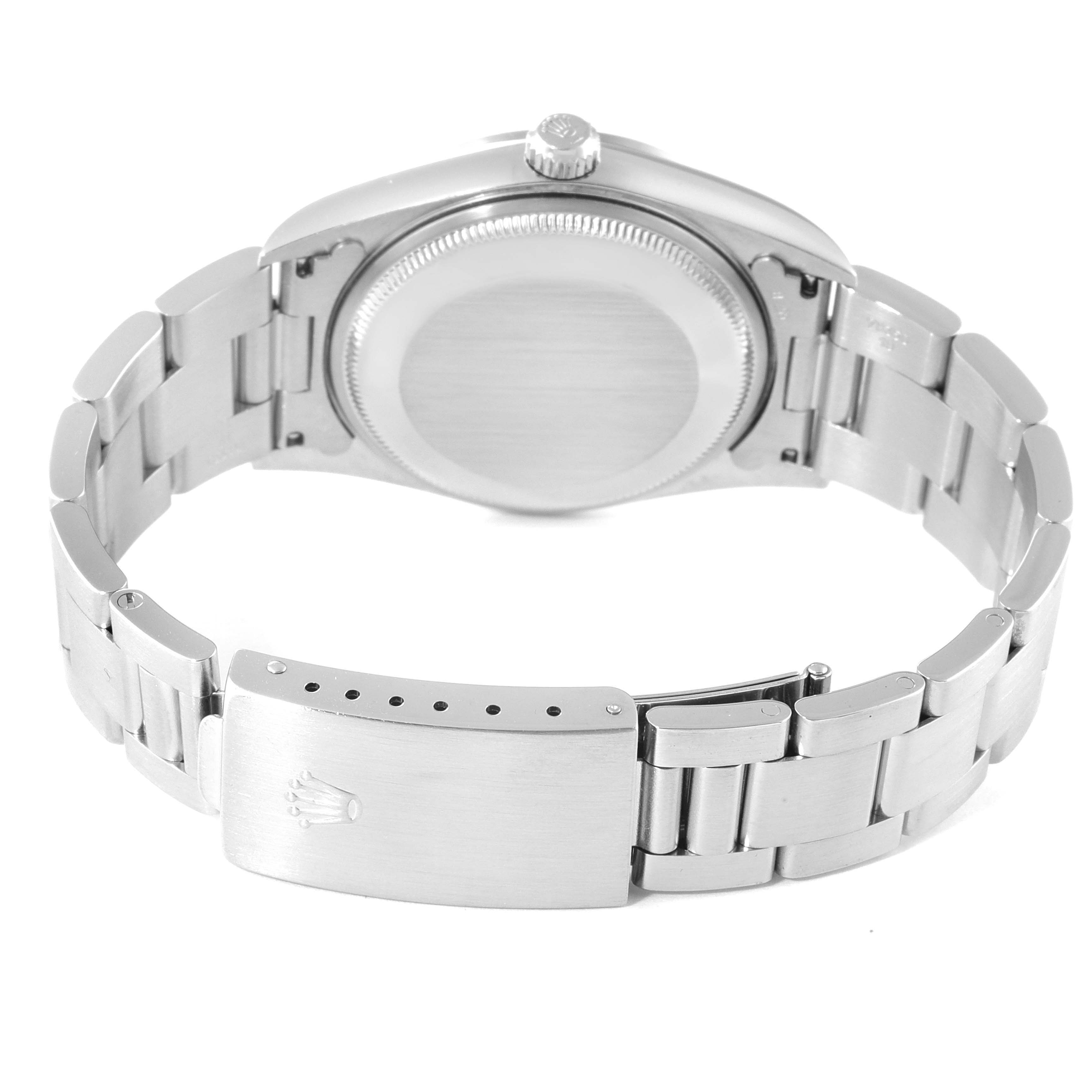 This image shows the back angle of the Rolex Air-King 14000 Men's Stainless Steel Silver Dial 14000 Men's Stainless Steel Silver Dial watch, highlighting its bracelet, case back, and clasp.