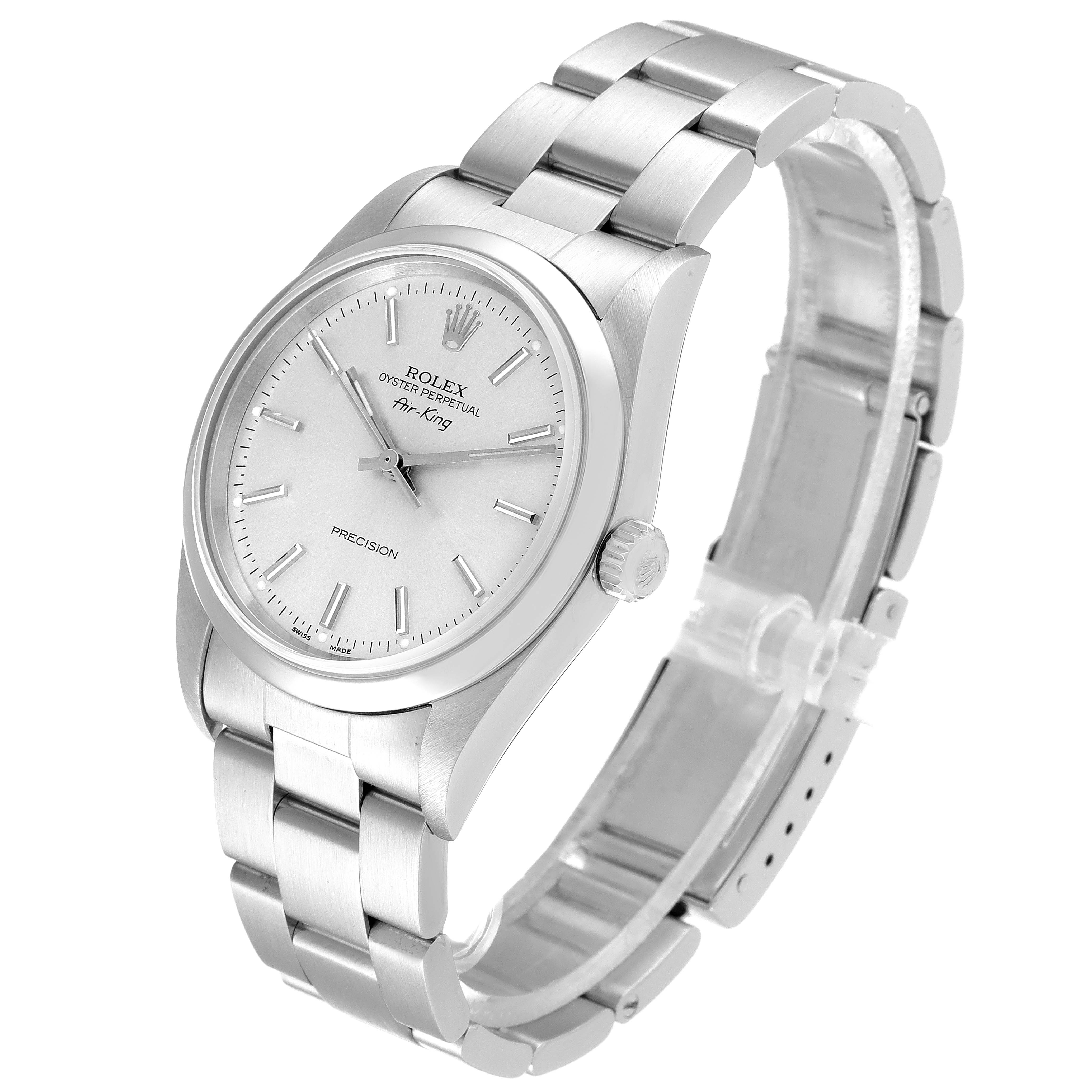 The image shows a Rolex Air-King 14000 Men's Stainless Steel Silver Dial 14000 Men's Stainless Steel Silver Dial watch at an angled view, highlighting its dial, bezel, crown, and the bracelet.