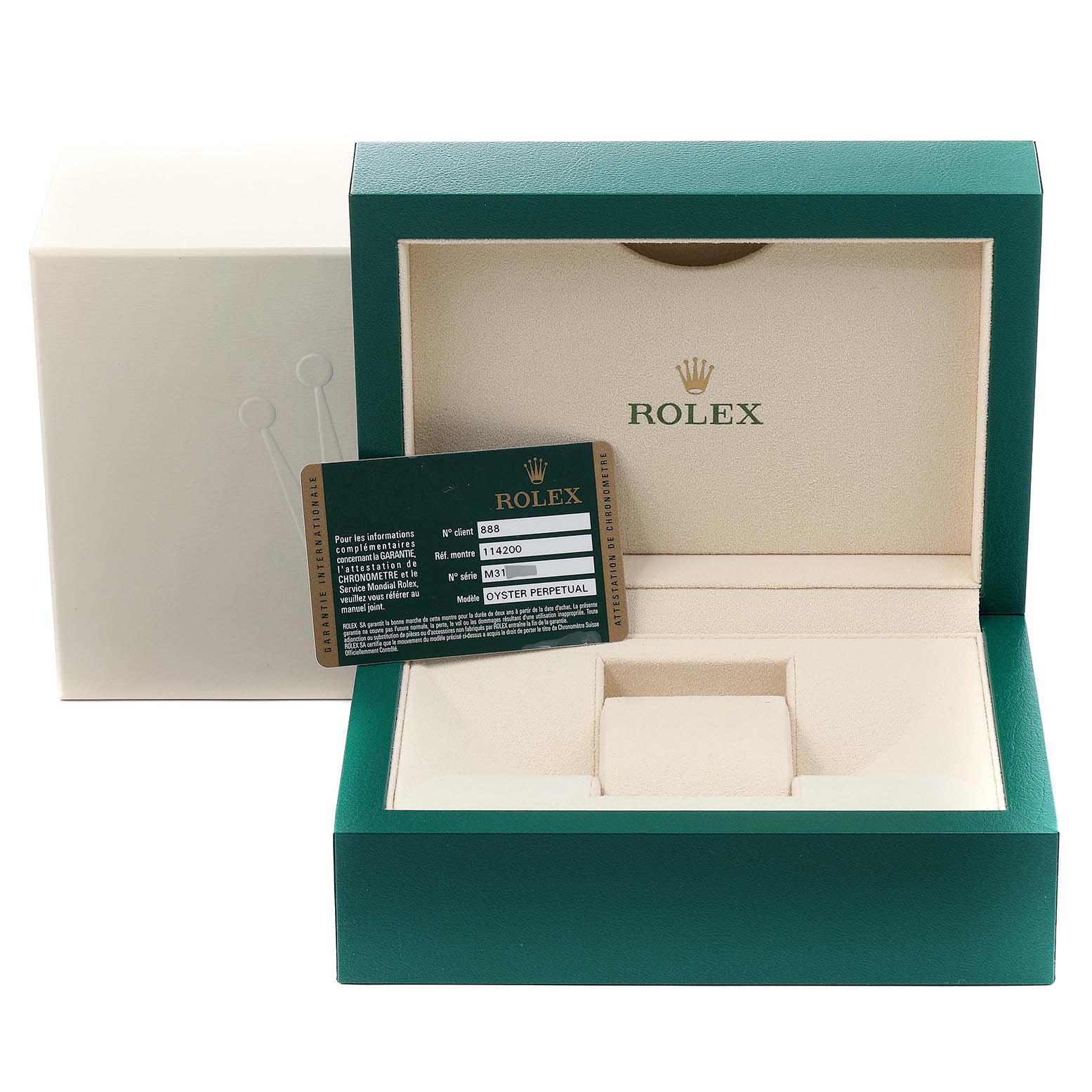 The image shows a Rolex Air-King 114200 Men's Stainless Steel Silver Dial 114200 Men's Stainless Steel Silver Dial watch box opened, revealing its interior and an authenticity card.