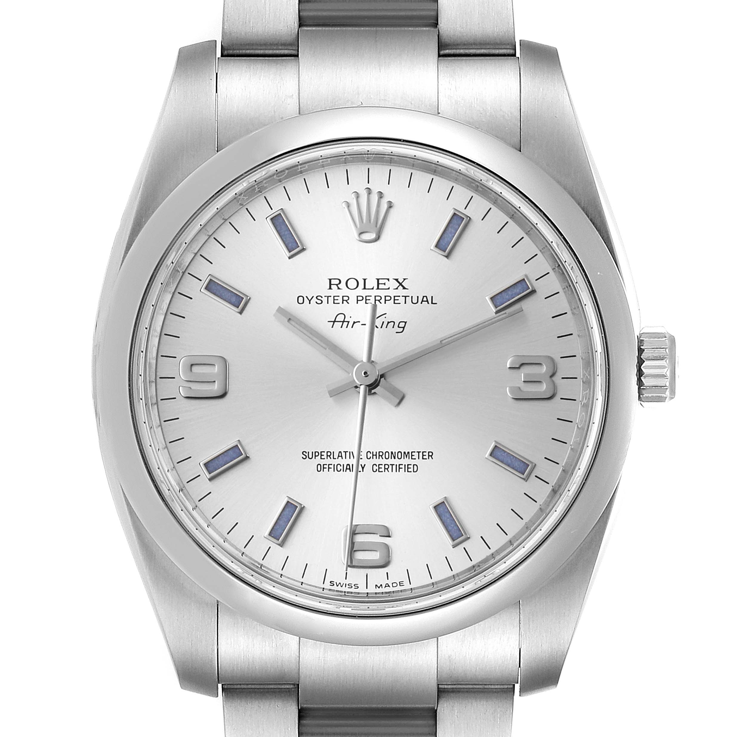 Rolex Air King Silver Dial Blue Hour Markers Steel Watch 114200 Box ...