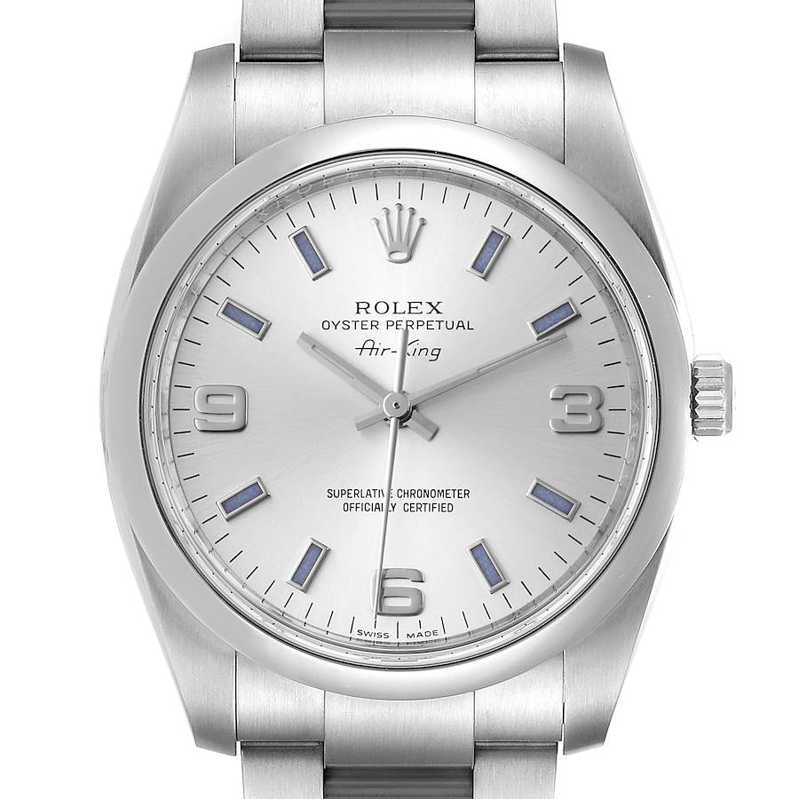 Rolex Air King Silver Dial Blue Hour Markers Steel Watch 114200 Box Card SwissWatchExpo