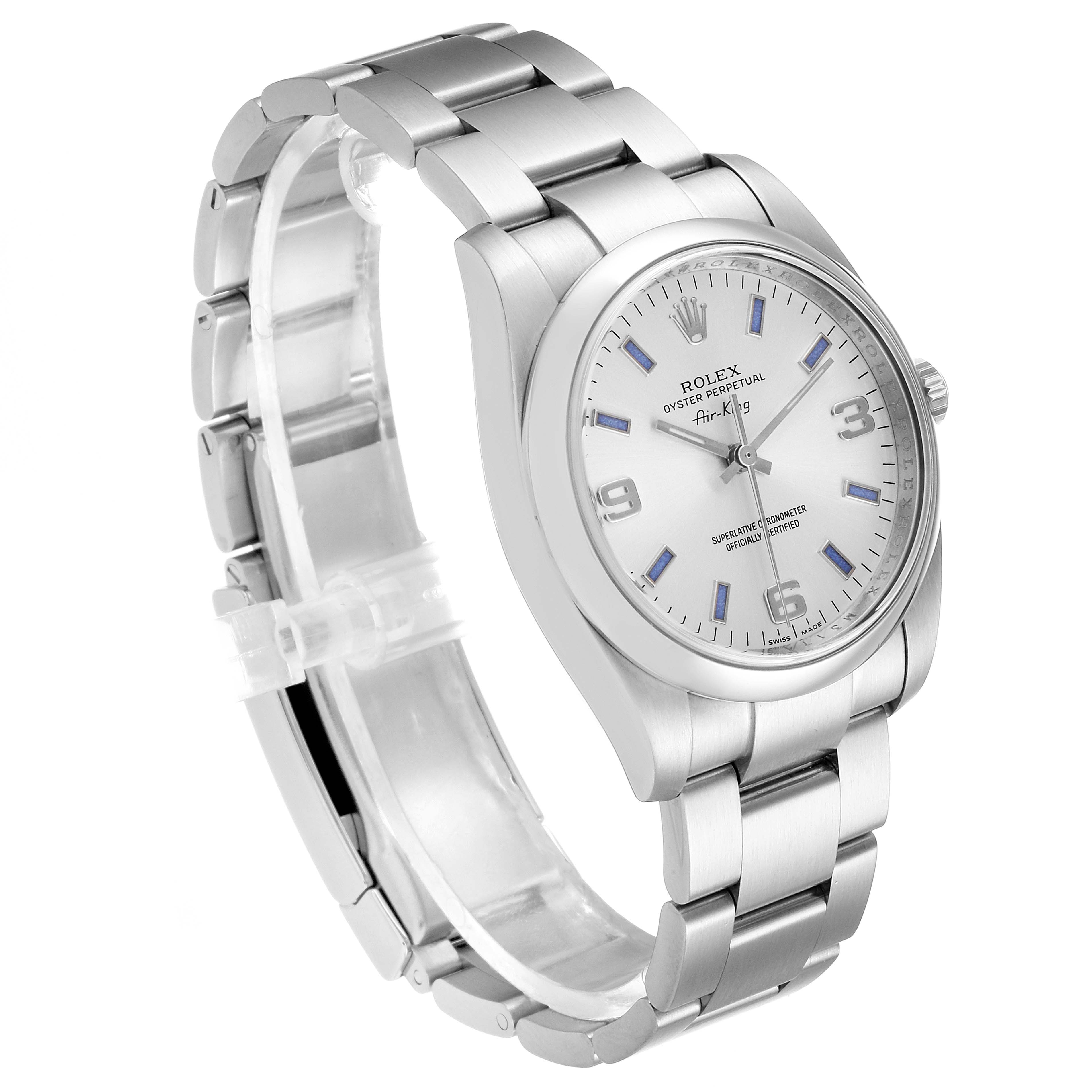 The Rolex Air-King 114200 Men's Stainless Steel Silver Dial 114200 Men's Stainless Steel Silver Dial watch is shown at a three-quarter angle, highlighting the dial, bracelet, and bezel.