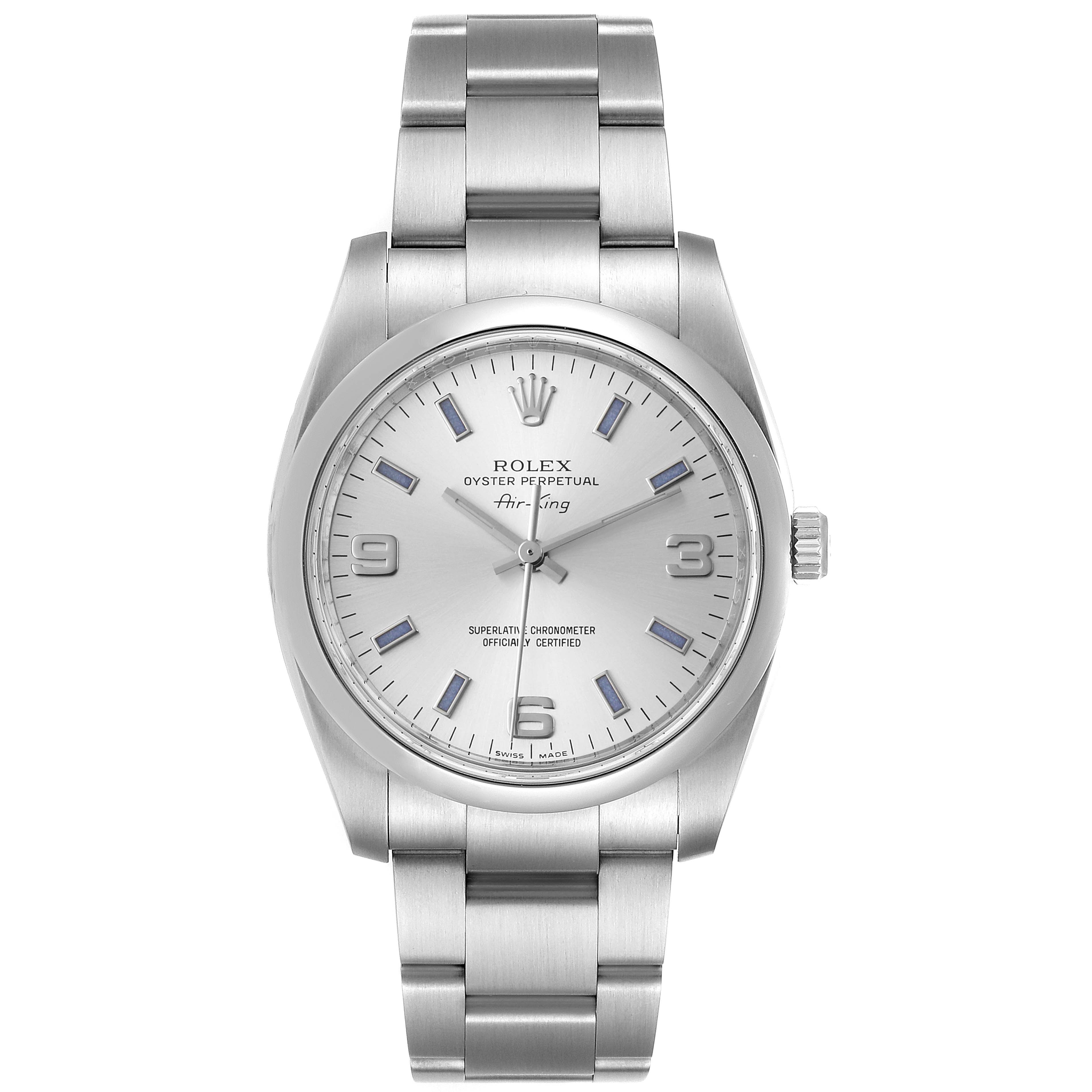 The image shows a front view of the Rolex Air-King 114200 Men's Stainless Steel Silver Dial 114200 Men's Stainless Steel Silver Dial watch with its dial, bezel, and bracelet clearly visible.