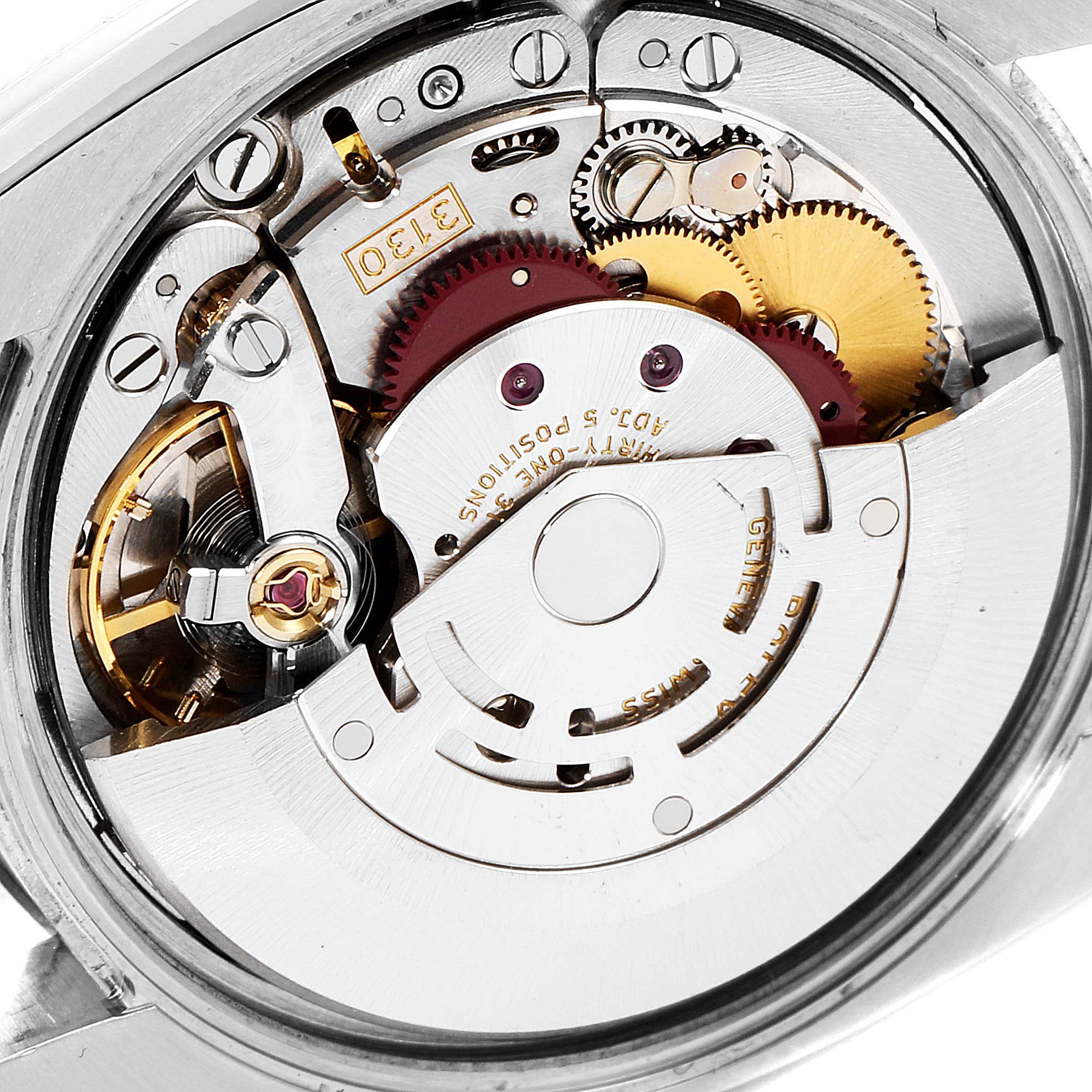 This close-up image shows the internal mechanical movement of a Rolex Air-King 114200 Men's Stainless Steel Silver Dial 114200 Men's Stainless Steel Silver Dial watch.