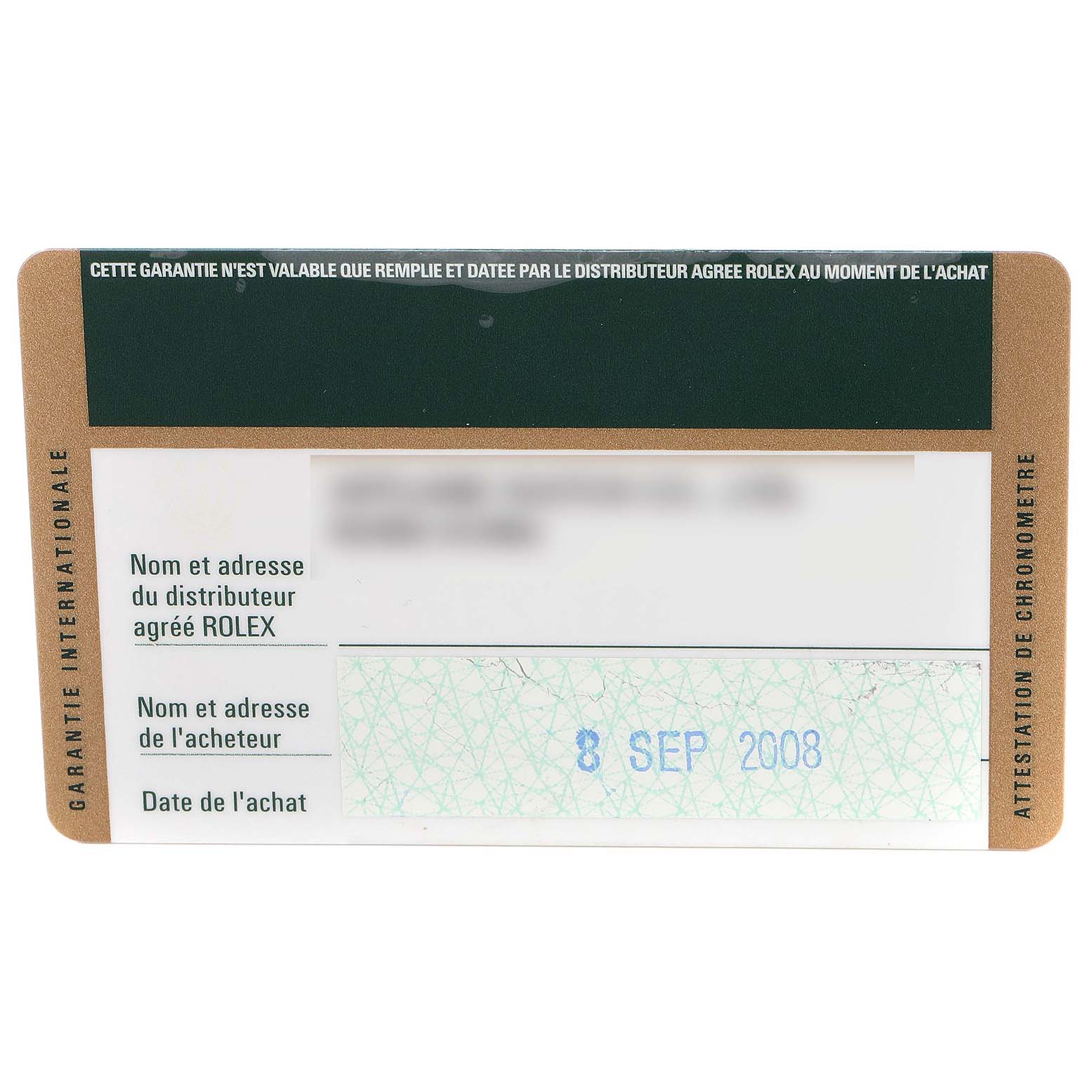 This image shows a warranty card for the Rolex Air-King 114200 Men's Stainless Steel Silver Dial 114200 Men's Stainless Steel Silver Dial, with name, address, and purchase date details visible.