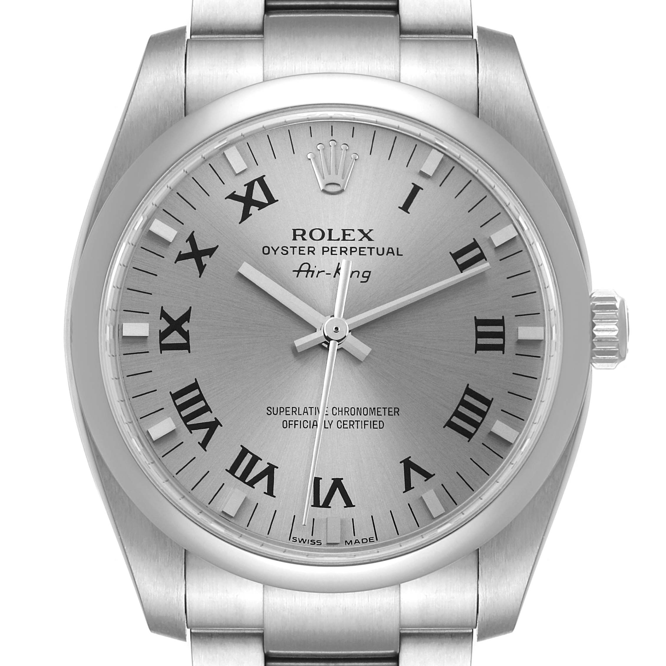 The image shows a front view of the Rolex Air-King 114200 Men's Stainless Steel Grey Dial 114200 Men's Stainless Steel Grey Dial watch, highlighting the dial, hands, crown, and part of the stainless steel strap.