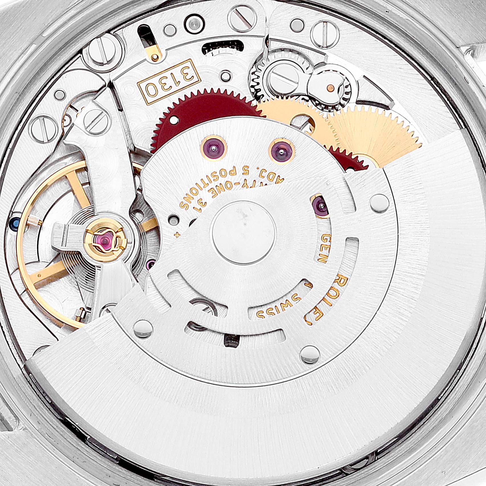 This image shows a close-up view of the movement and internal mechanics of the Rolex Air-King 114200 Men's Stainless Steel Grey Dial 114200 Men's Stainless Steel Grey Dial watch.