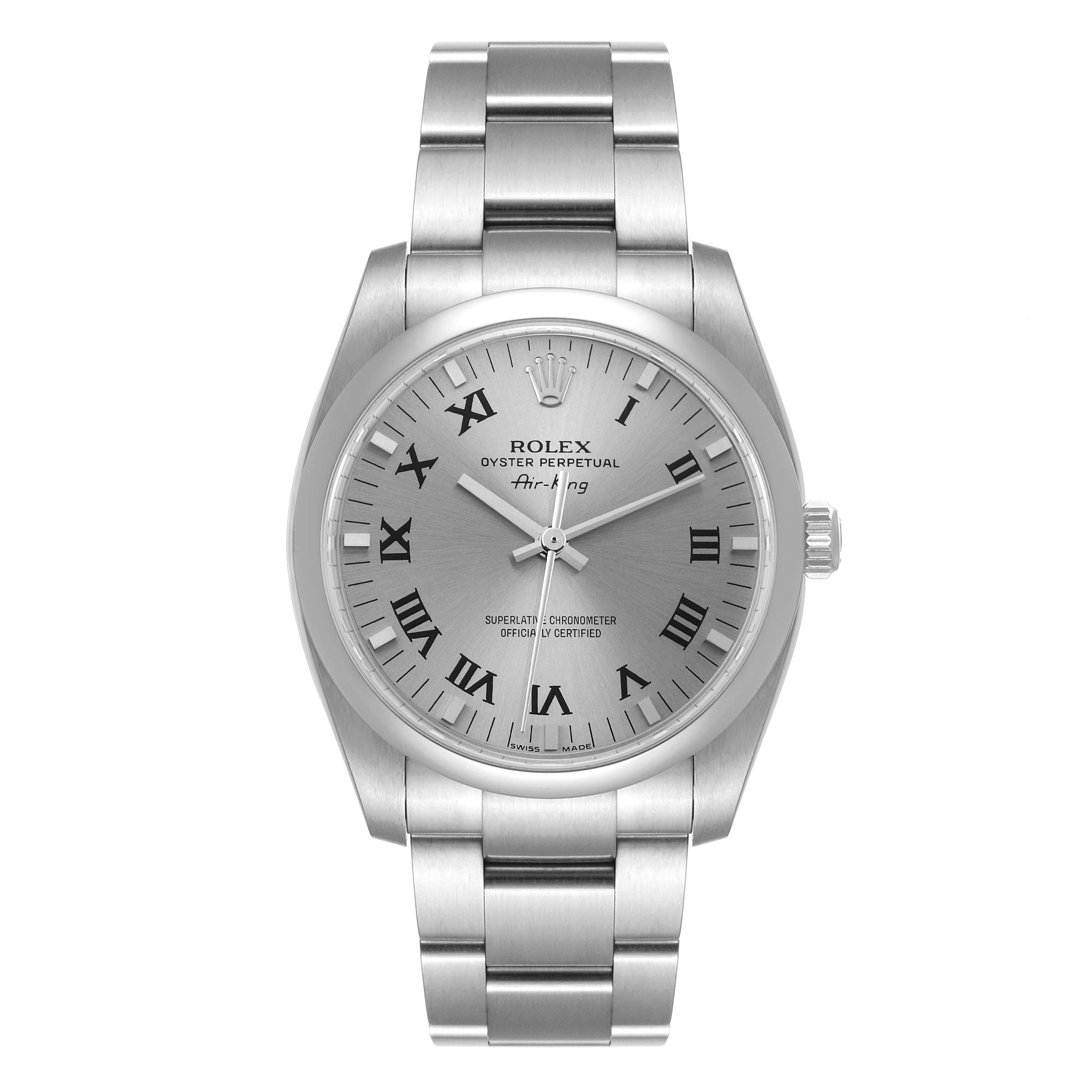 This image shows a frontal view of a Rolex Air-King 114200 Men's Stainless Steel Grey Dial 114200 Men's Stainless Steel Grey Dial watch, displaying its face, hands, bracelet, and crown.