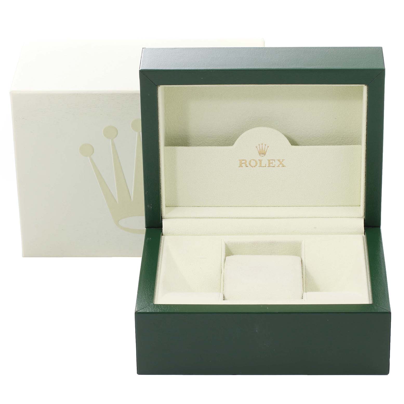 This image shows an open green and beige Rolex Air-King 114200 Men's Stainless Steel Grey Dial 114200 Men's Stainless Steel Grey Dial watch box with the brand's logo inside.