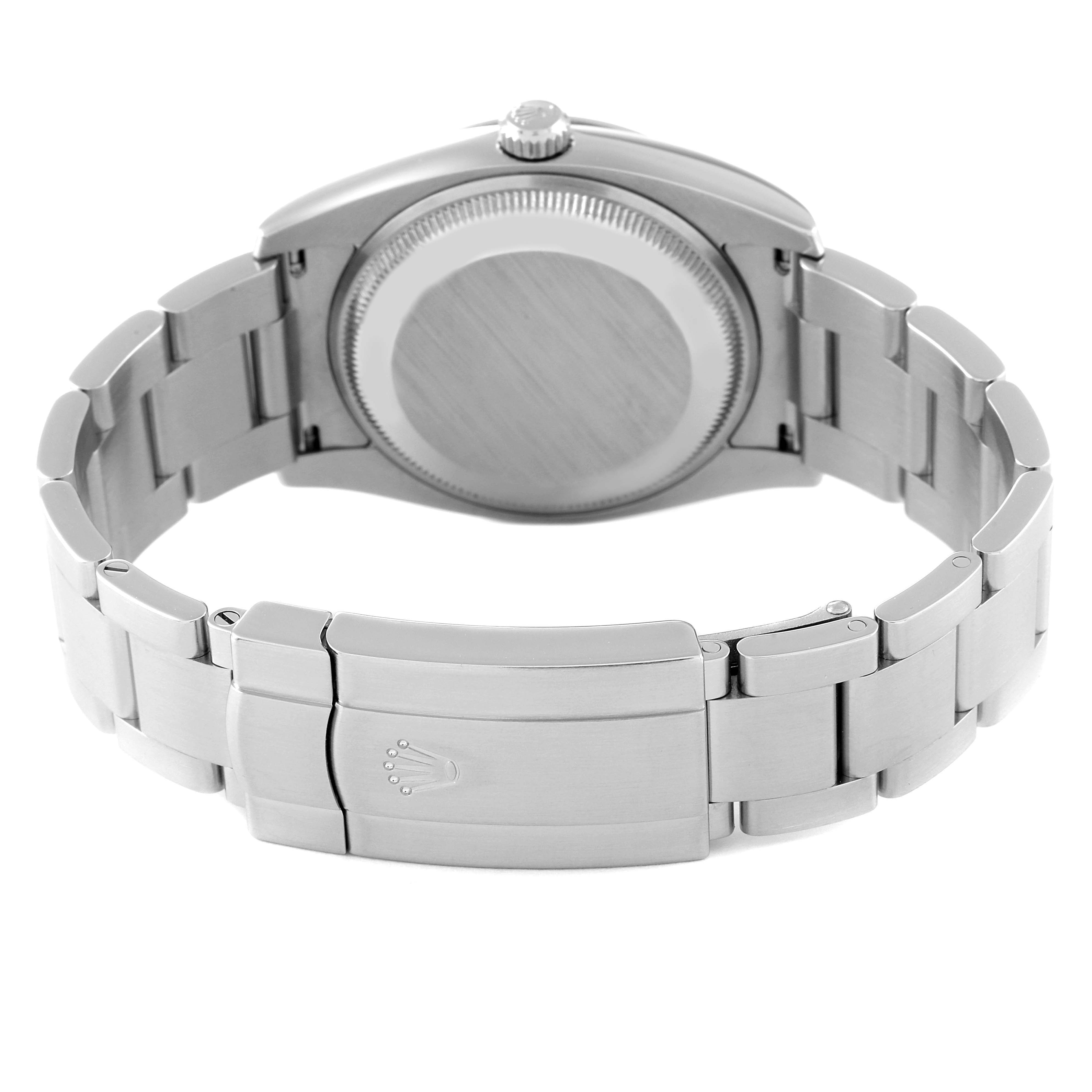 This image shows the back view of a Rolex Air-King 114200 Men's Stainless Steel Grey Dial 114200 Men's Stainless Steel Grey Dial watch, featuring its case back, crown, and stainless steel bracelet.