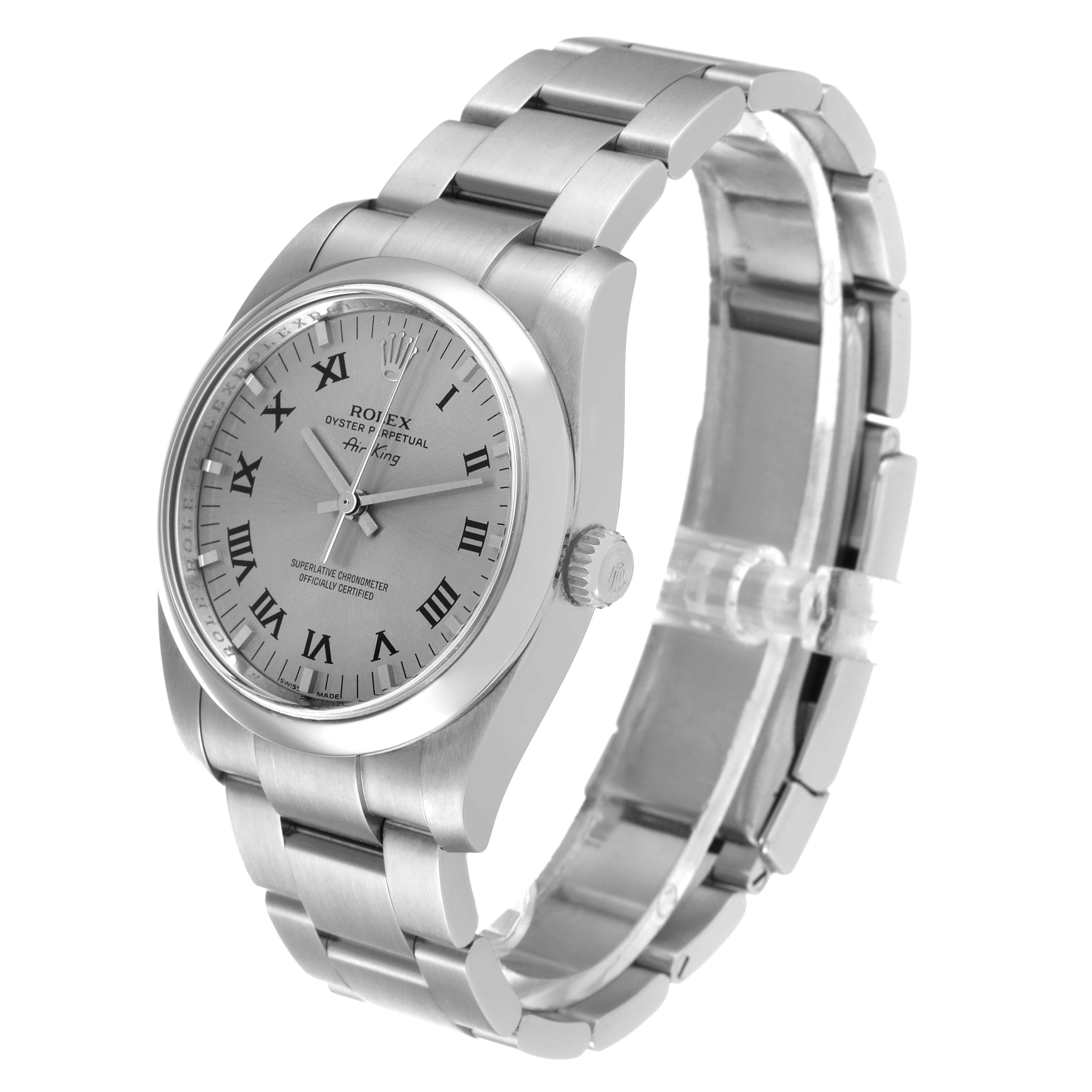 The image shows a three-quarter frontal view of a Rolex Air-King 114200 Men's Stainless Steel Grey Dial 114200 Men's Stainless Steel Grey Dial watch, highlighting its dial, bracelet, and crown.