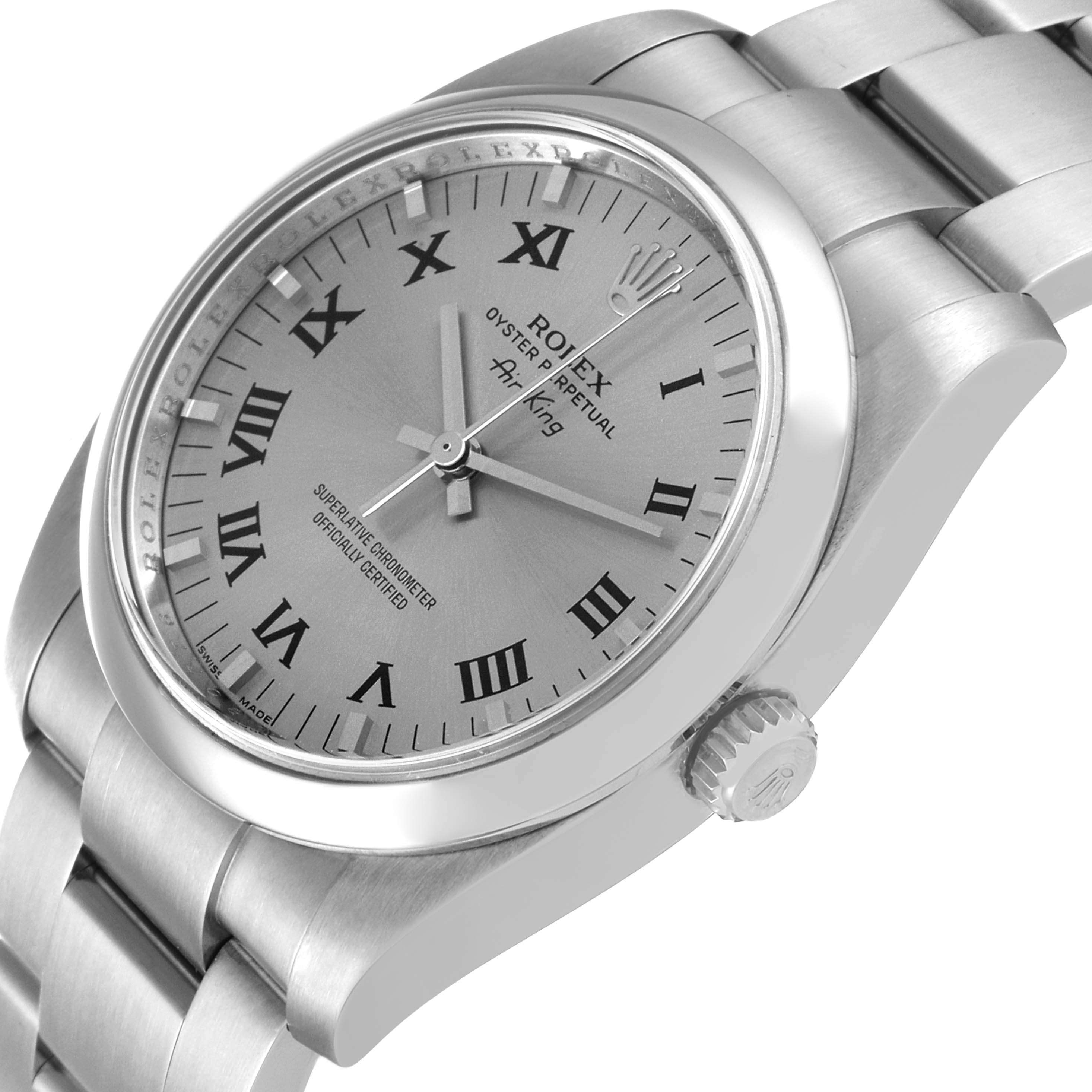 The image shows a Rolex Air-King 114200 Men's Stainless Steel Grey Dial 114200 Men's Stainless Steel Grey Dial watch at an angled close-up, highlighting the dial, case, crown, and part of the bracelet.