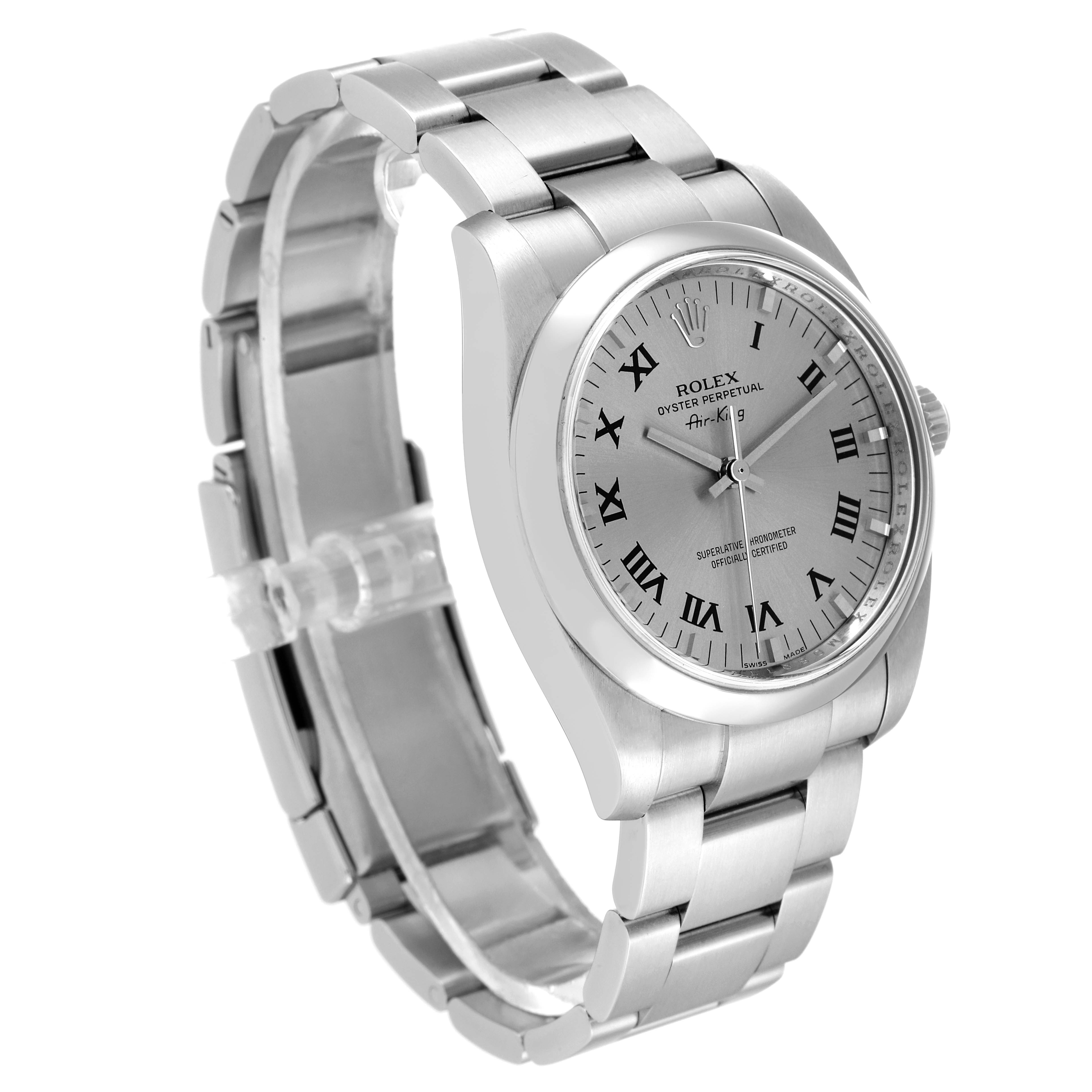 The image shows a side angle of a Rolex Air-King 114200 Men's Stainless Steel Grey Dial 114200 Men's Stainless Steel Grey Dial watch, highlighting its face, bracelet, and bezel.