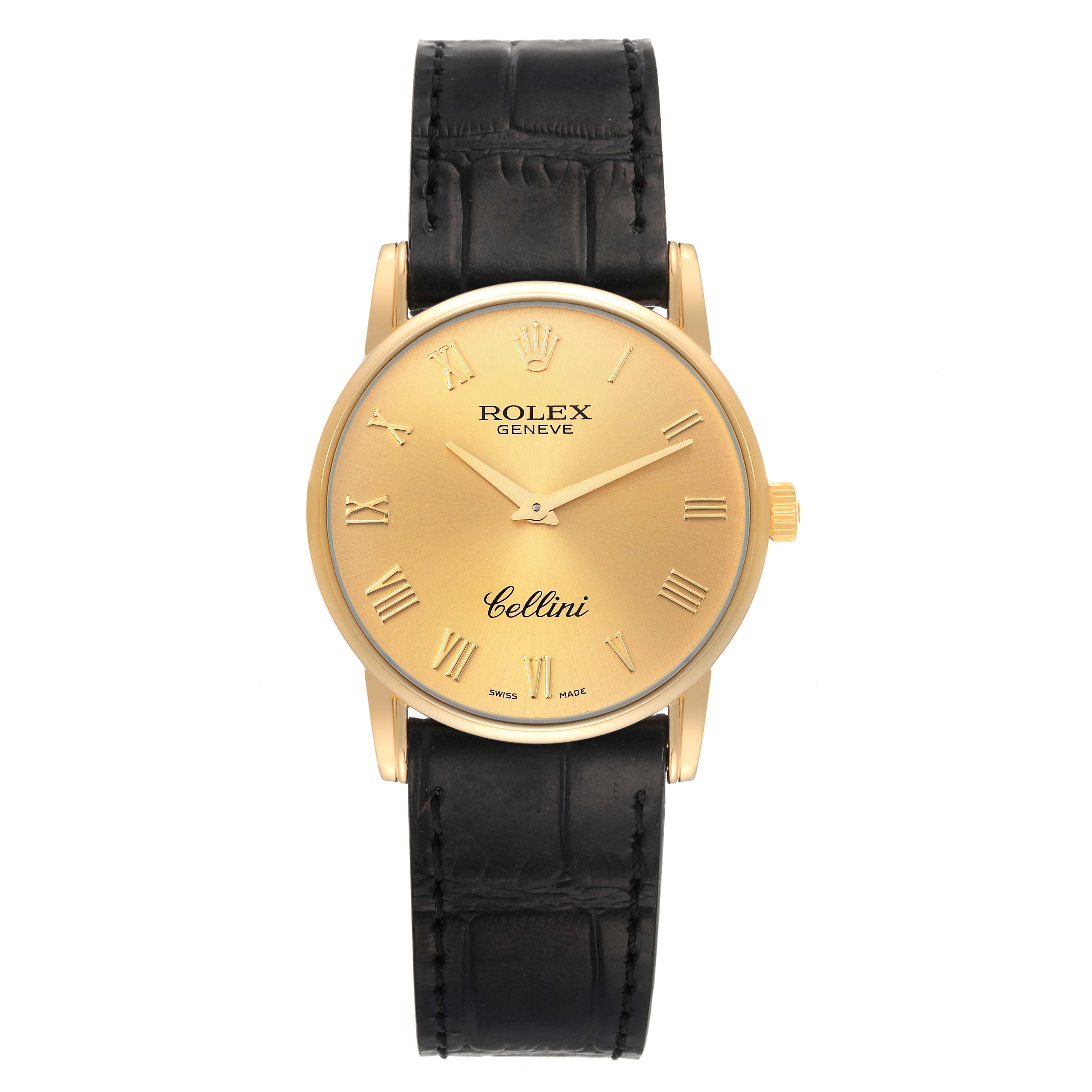 The image shows a front view of a Rolex Cellini 5116 Men
s Yellow Gold Champagne Dial 5116 Men
s Yellow Gold Champagne Dial watch, featuring a gold dial, black leather strap, and gold Roman numeral markers.
