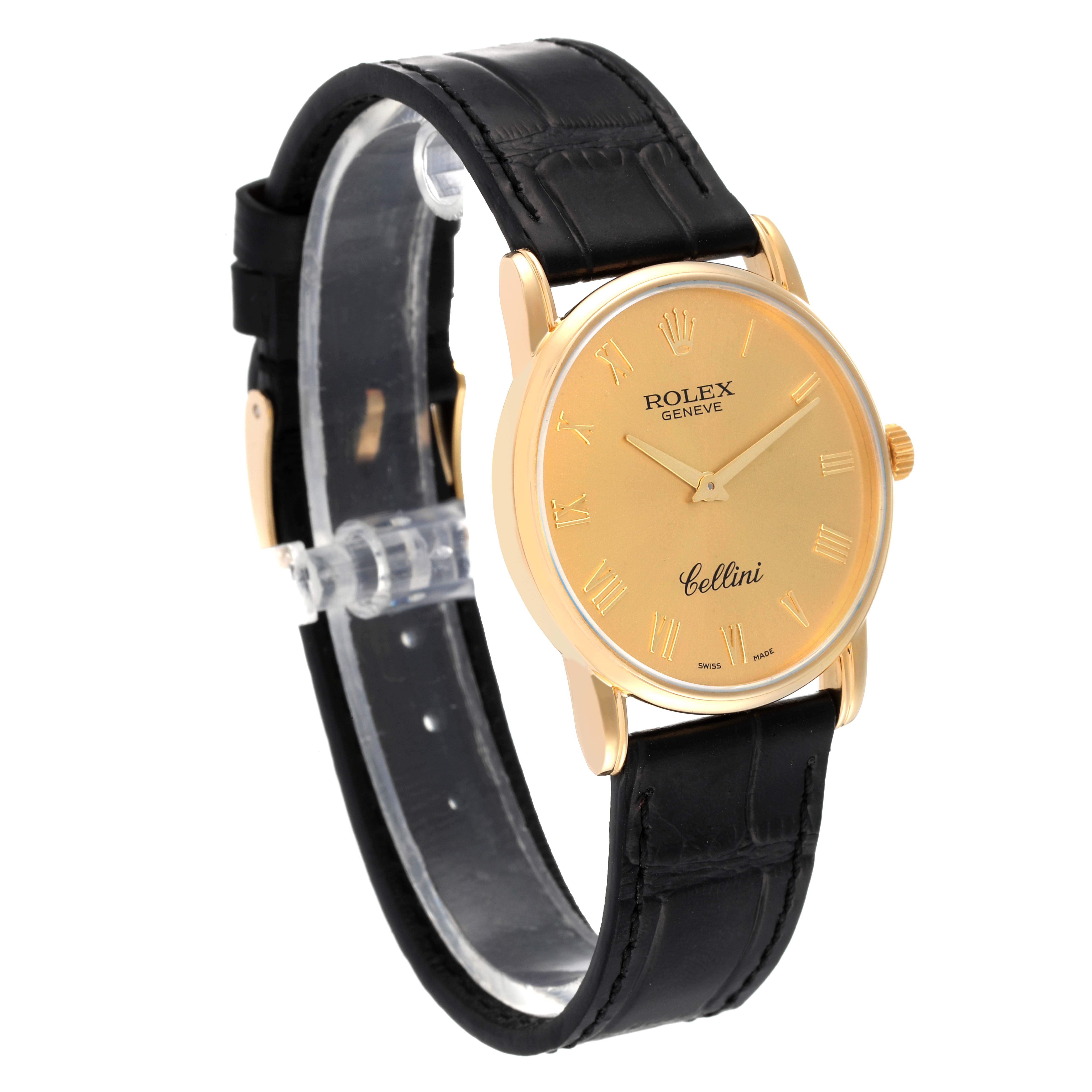 This image shows a side angle of a Rolex Cellini 5116 Men
s Yellow Gold Champagne Dial 5116 Men
s Yellow Gold Champagne Dial watch featuring a gold dial, Roman numerals, and a black leather strap.