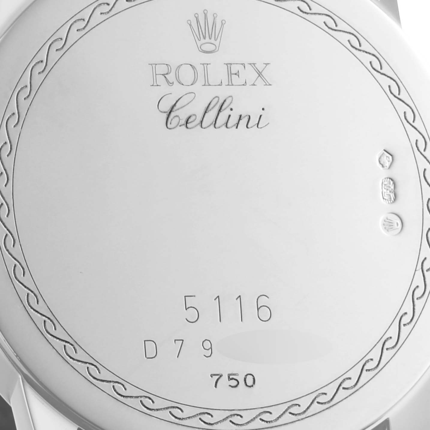 The image shows the back case of a Rolex Cellini 5116 Men's White Gold Black Dial 5116 Men's White Gold Black Dial, highlighting the engravings and model number.