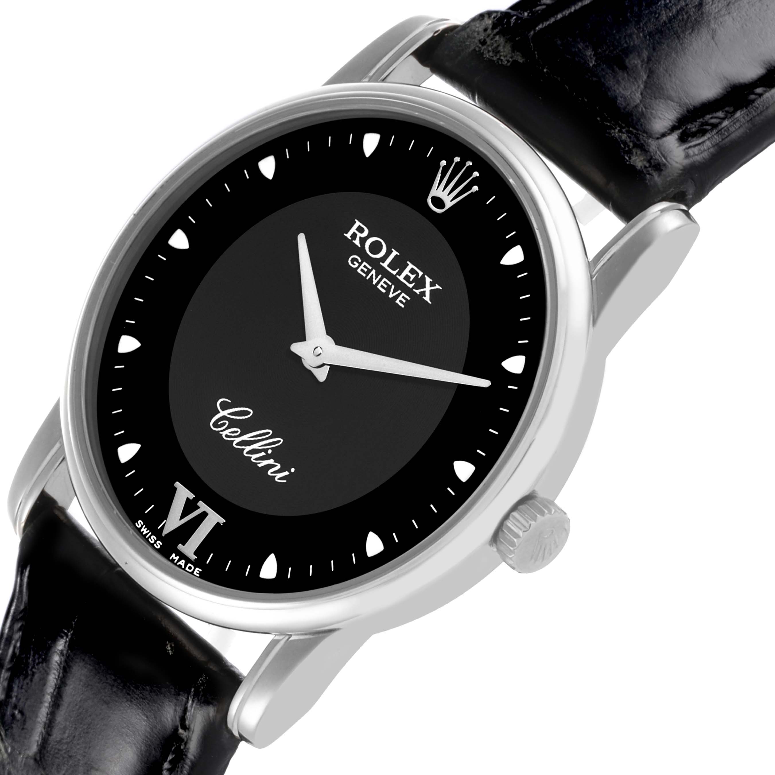 The Rolex Cellini 5116 Men's White Gold Black Dial 5116 Men's White Gold Black Dial watch is shown at a slight angle, highlighting its black dial, silver hands, crown, and leather strap.