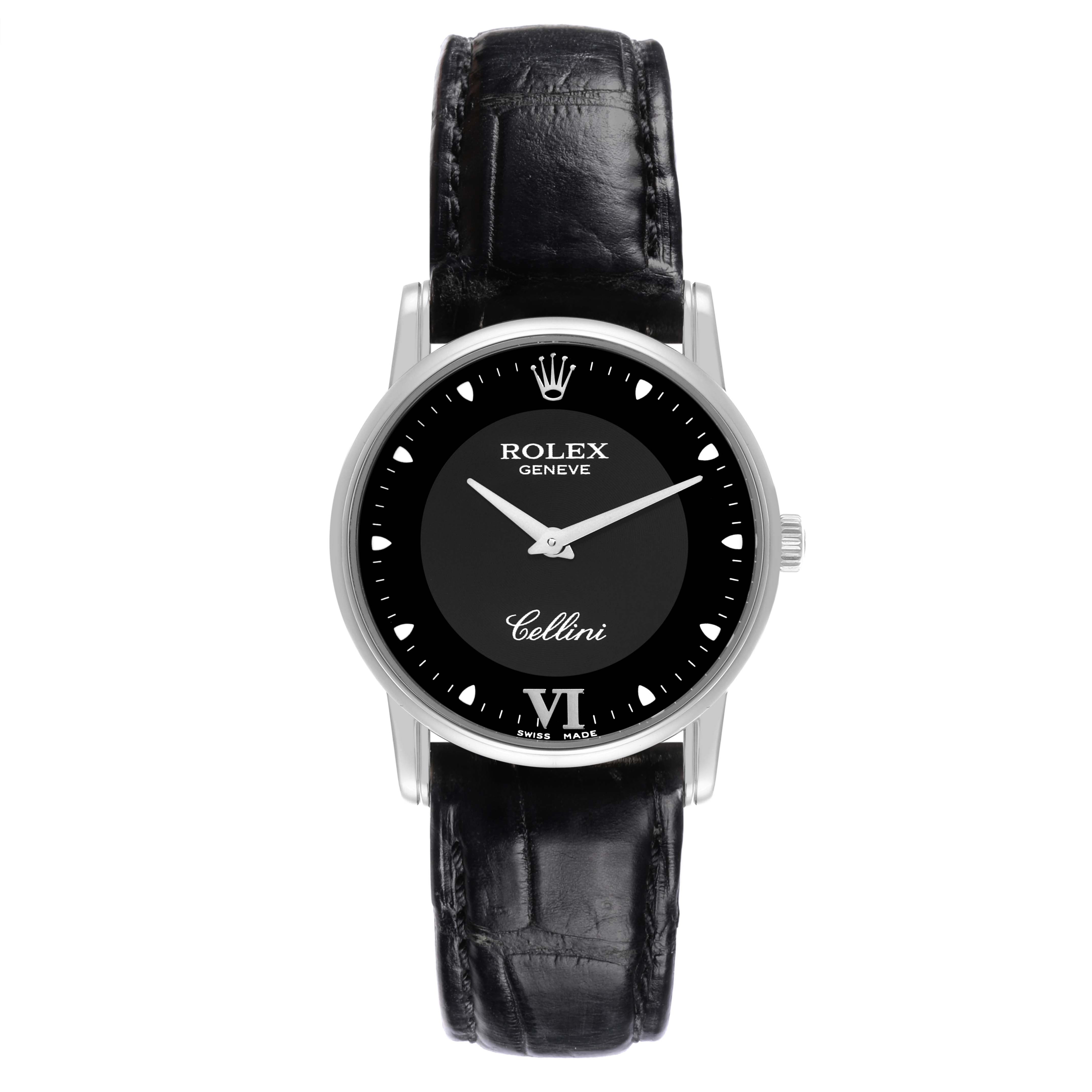 The Rolex Cellini 5116 Men's White Gold Black Dial 5116 Men's White Gold Black Dial watch is shown from a front angle, featuring its black dial and leather strap.