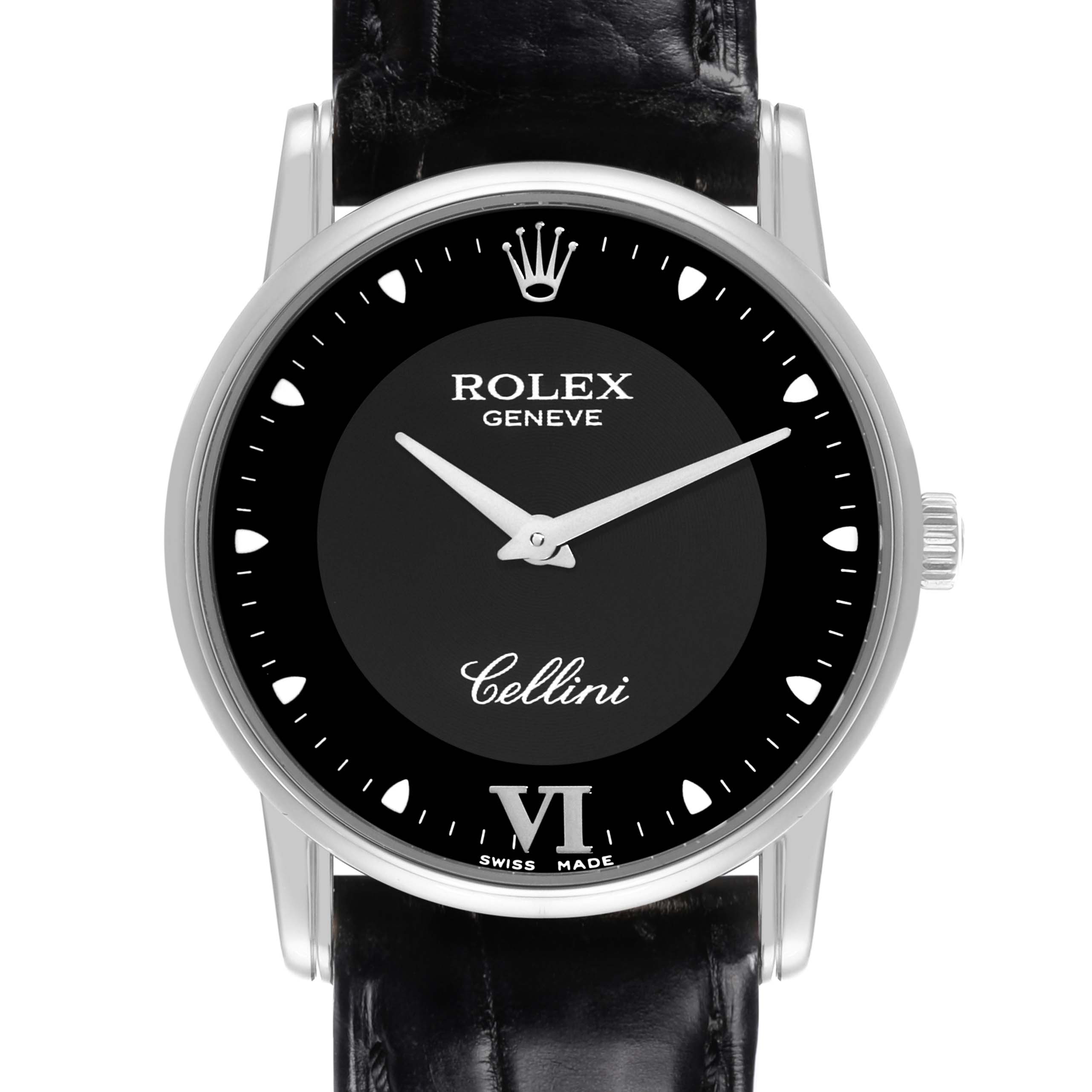 The Rolex Cellini 5116 Men's White Gold Black Dial 5116 Men's White Gold Black Dial watch is shown from the front, displaying the dial, hands, crown, and part of the leather strap.
