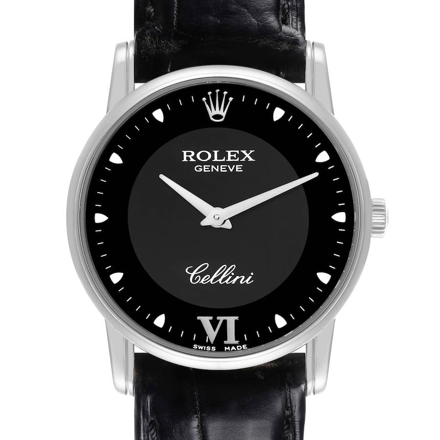 The Rolex Cellini watch is shown from the front, displaying the dial, hands, crown, and part of the leather strap.