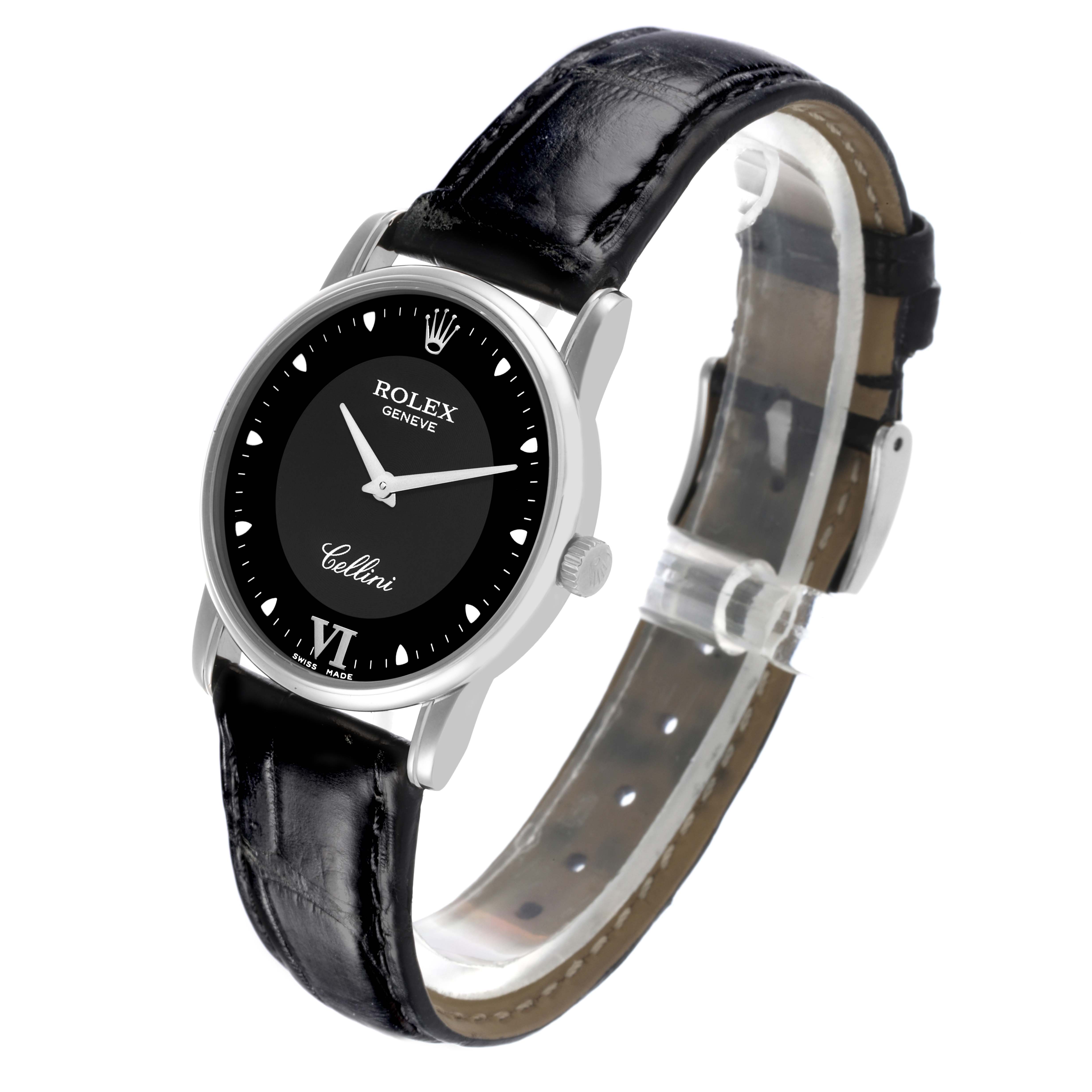 The Rolex Cellini 5116 Men's White Gold Black Dial 5116 Men's White Gold Black Dial watch is shown at a three-quarter angle, displaying the face, bezel, strap, and crown.