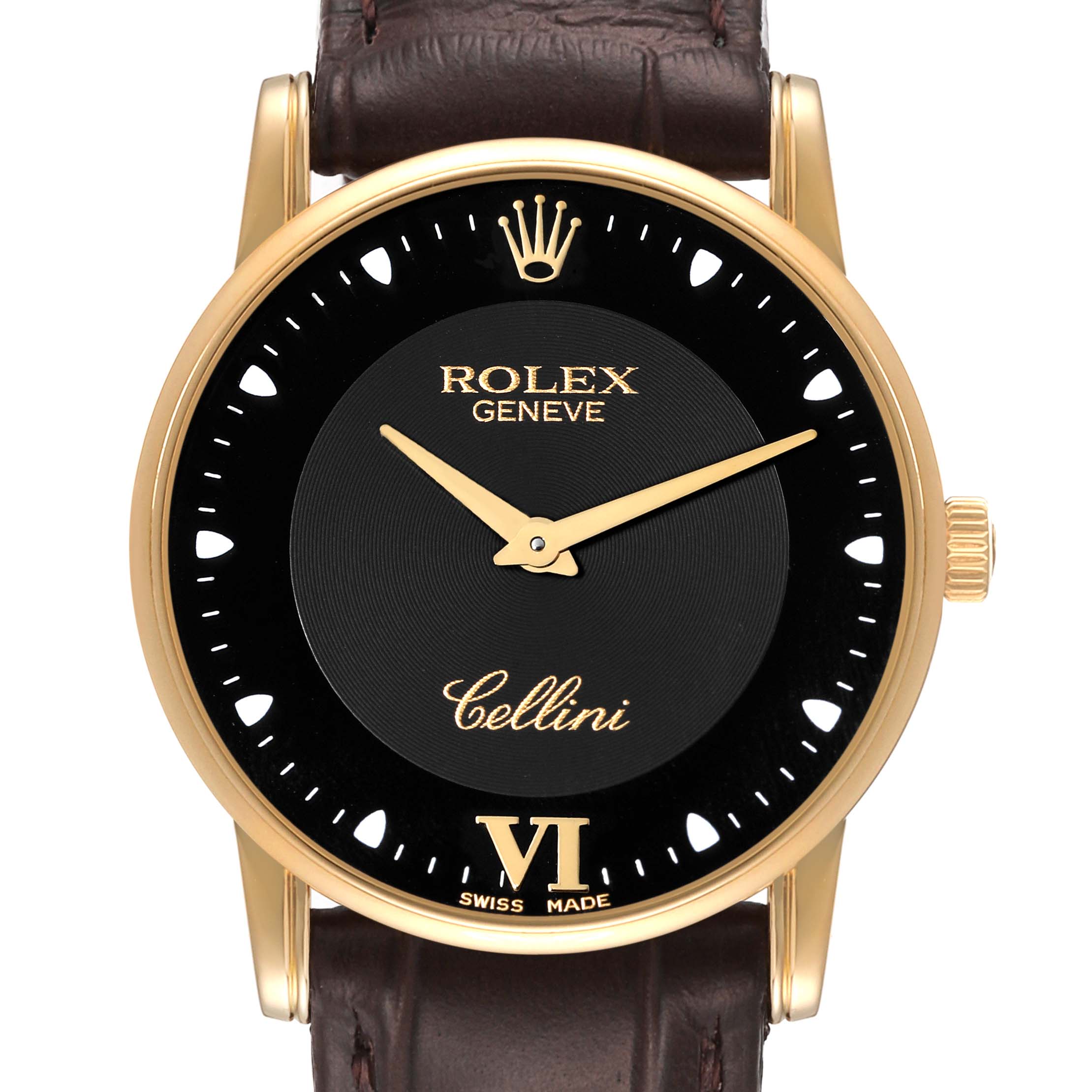 The image shows a front view of a Rolex Cellini 5116 Men's Yellow Gold Black Dial 5116 Men's Yellow Gold Black Dial watch, highlighting its gold case, black dial, and brown leather strap.