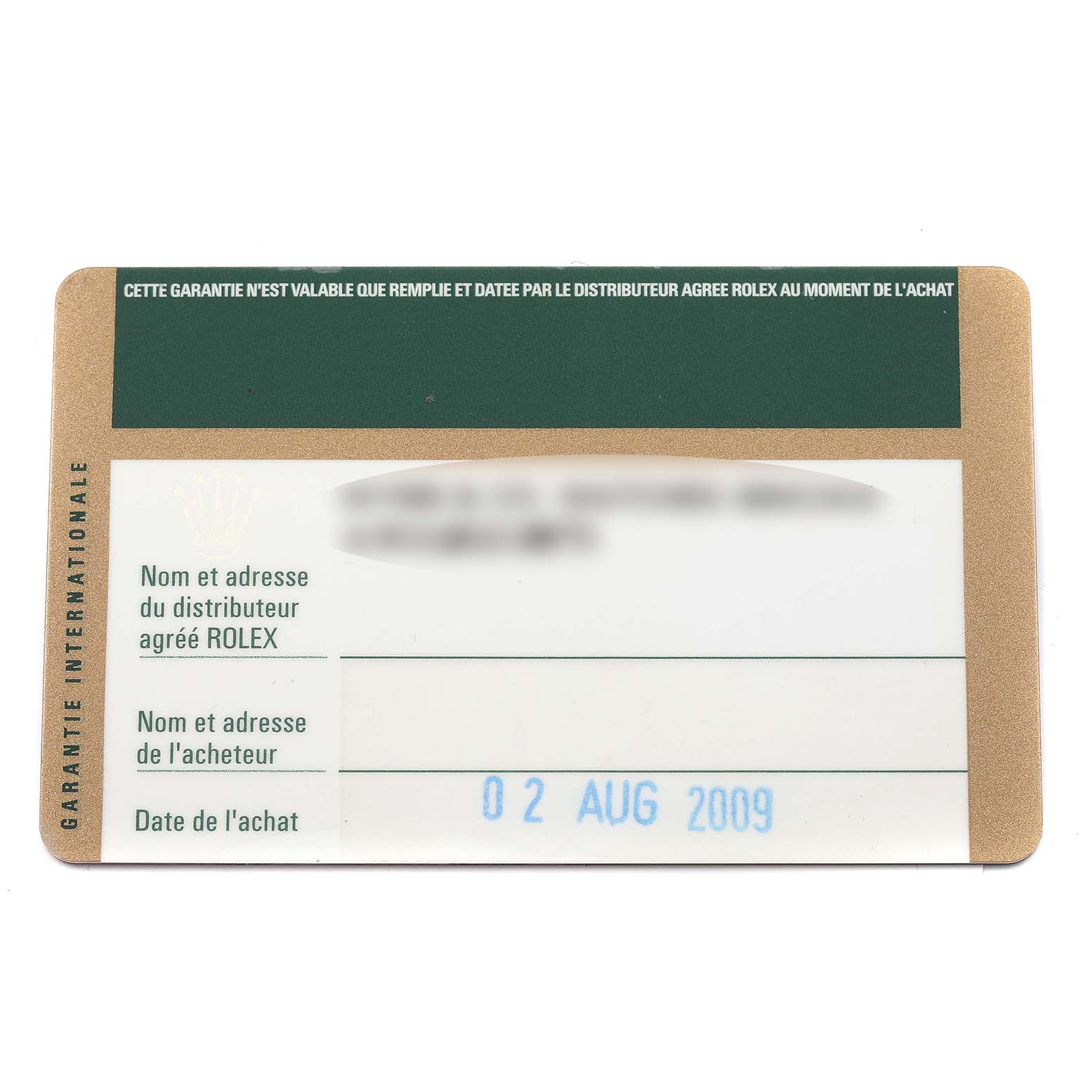 This image shows a warranty card for a Rolex Cellini 5116 Men's Yellow Gold Black Dial 5116 Men's Yellow Gold Black Dial watch, featuring the distributor's details and purchase date.