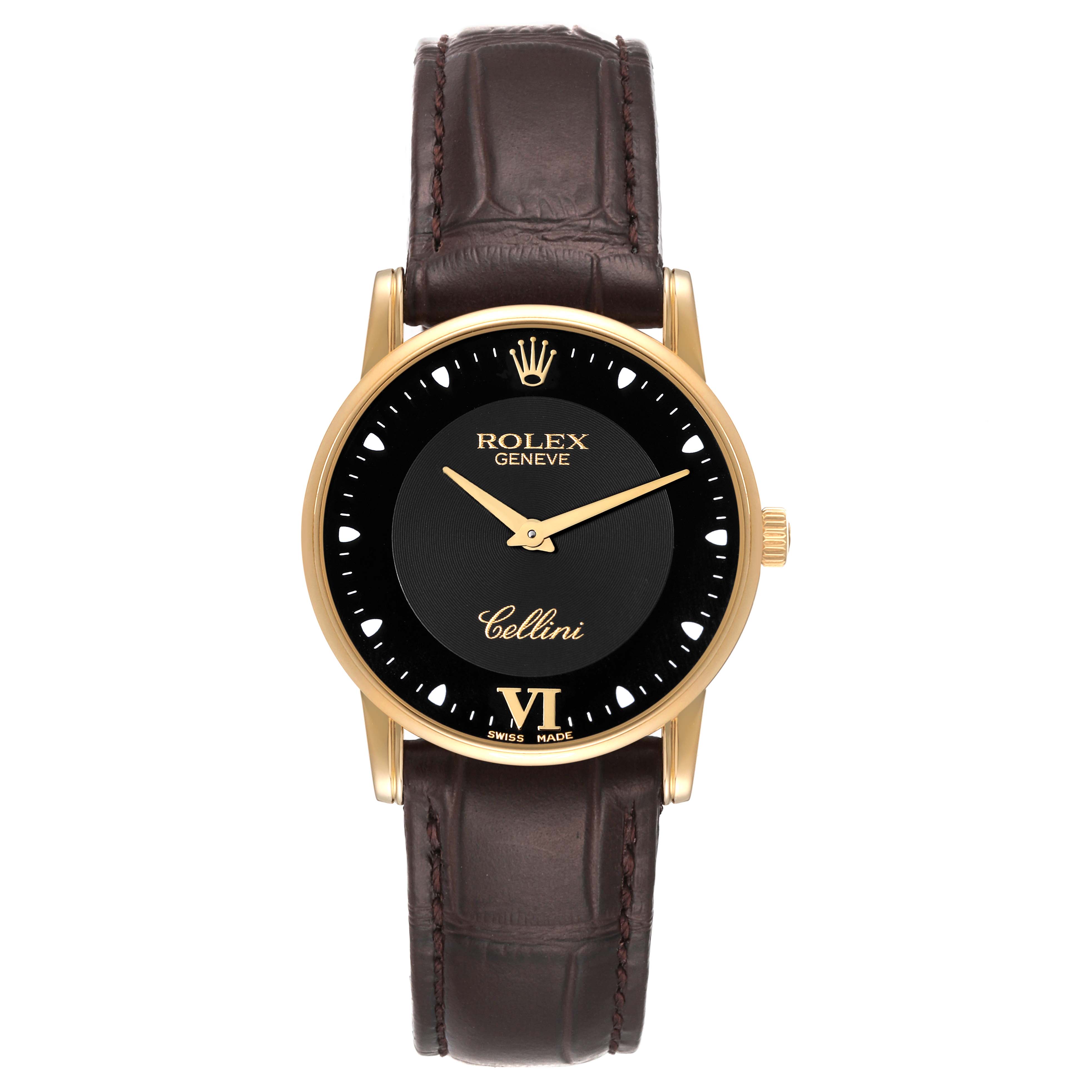 The Rolex Cellini 5116 Men's Yellow Gold Black Dial 5116 Men's Yellow Gold Black Dial watch is shown from a front view, displaying its black dial, gold case, and brown leather strap.