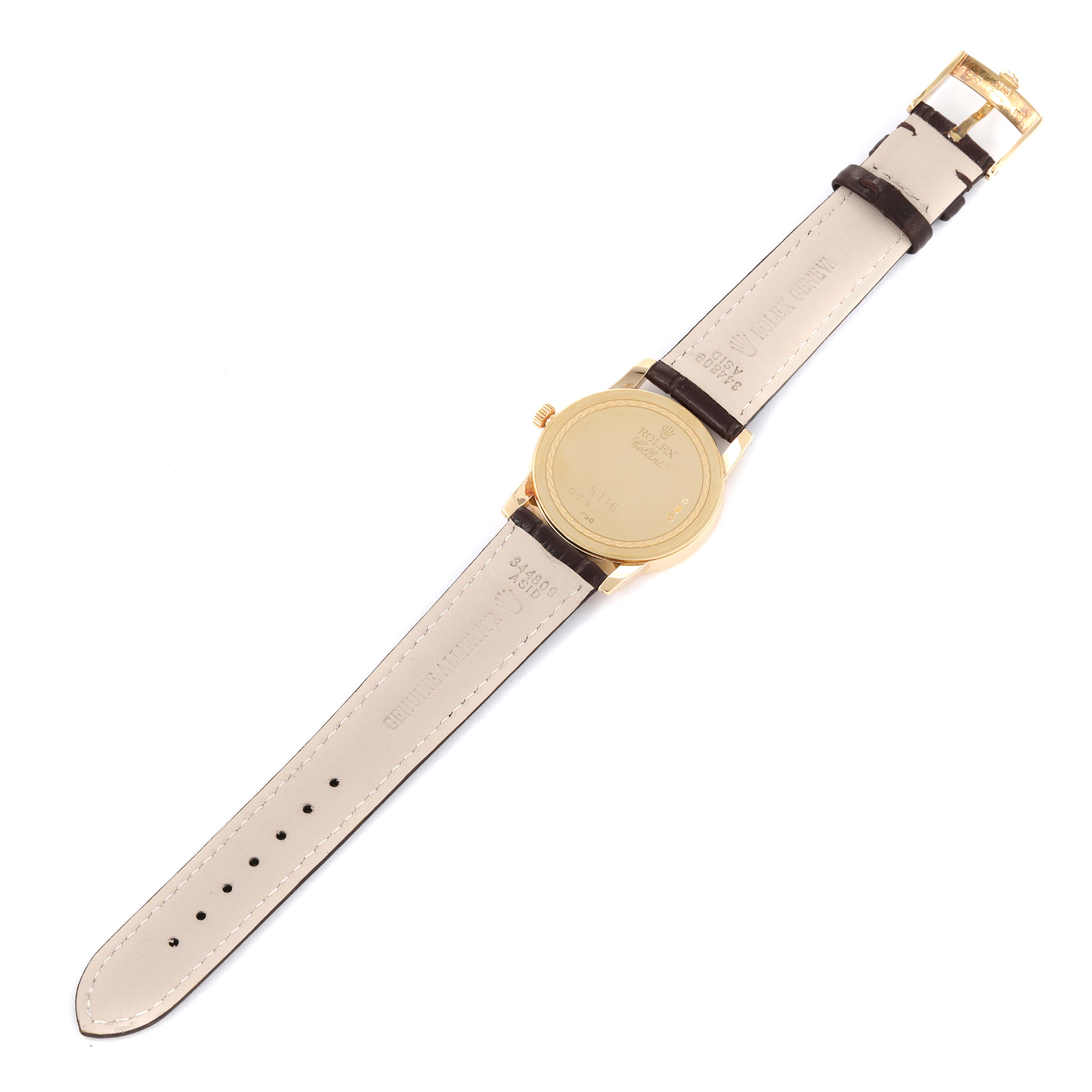 The image shows the back and leather strap of a Rolex Cellini 5116 Men's Yellow Gold Black Dial 5116 Men's Yellow Gold Black Dial watch laid flat.
