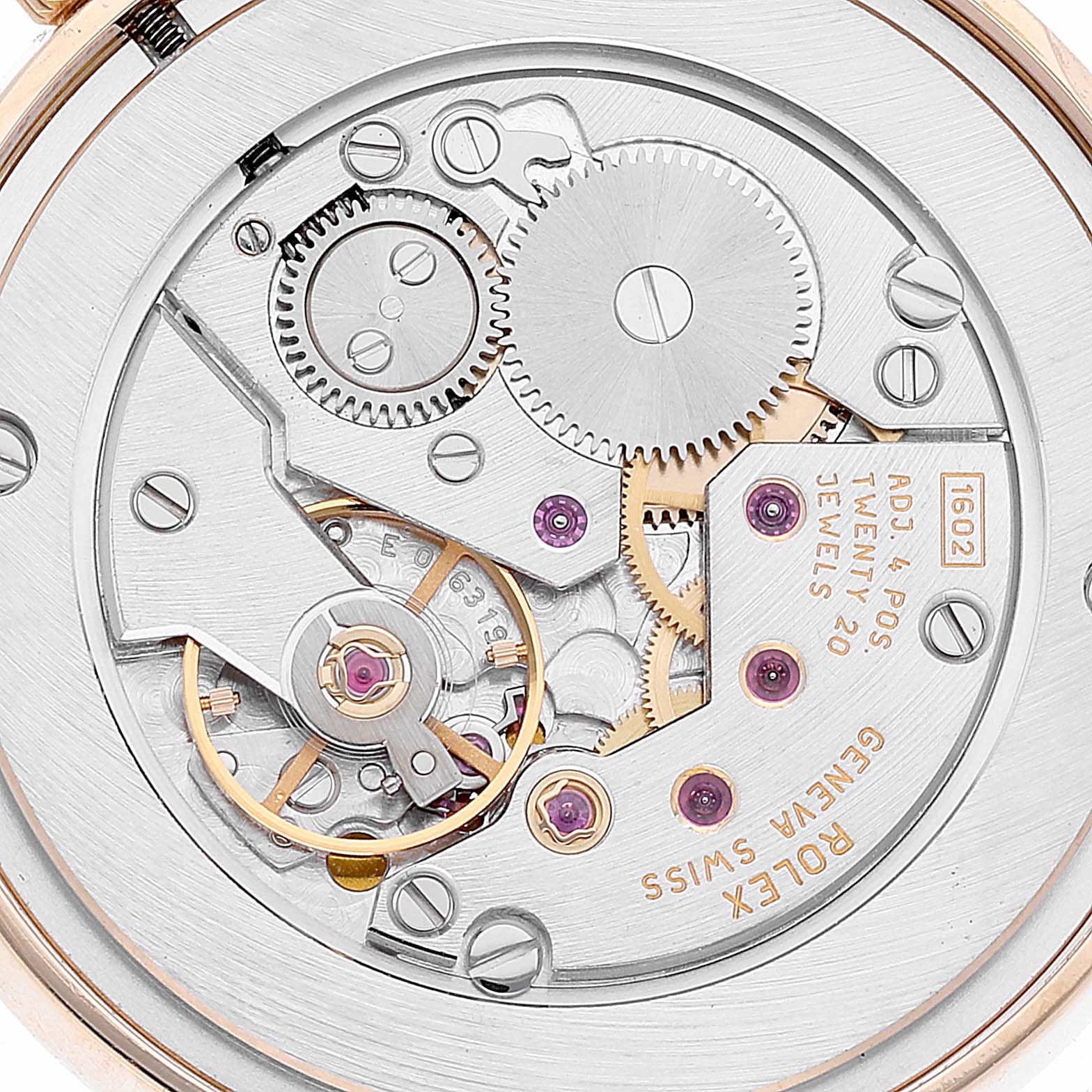 This image shows a close-up of the movement and internal mechanical parts of a Rolex Cellini 5116 Men's Yellow Gold Black Dial 5116 Men's Yellow Gold Black Dial watch.