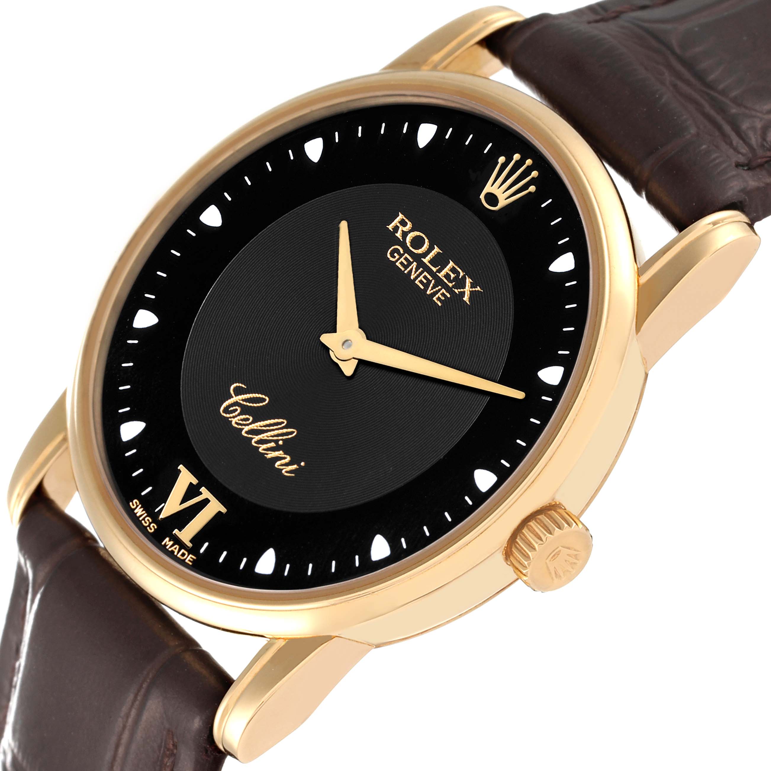 The image shows a Rolex Cellini 5116 Men's Yellow Gold Black Dial 5116 Men's Yellow Gold Black Dial watch at an angled view, highlighting its black dial, gold case, and brown leather strap.