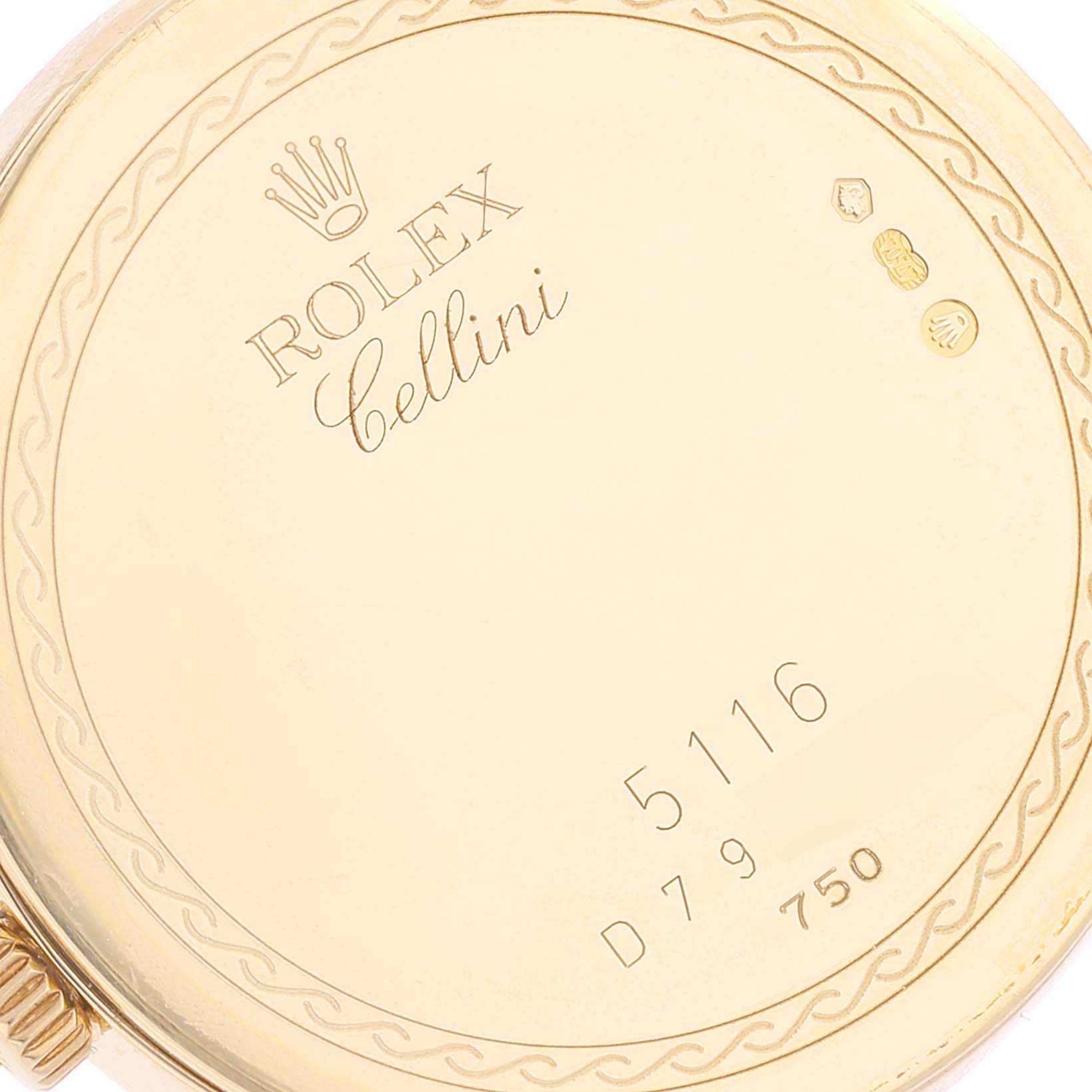This image shows the back case of a Rolex Cellini 5116 Men's Yellow Gold Black Dial 5116 Men's Yellow Gold Black Dial watch, displaying model details and engravings.