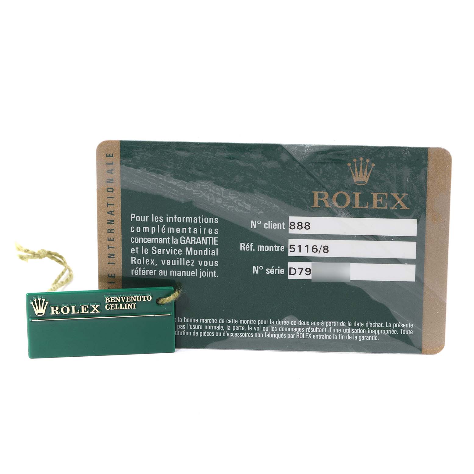 The image shows a Rolex Cellini 5116 Men's Yellow Gold Black Dial 5116 Men's Yellow Gold Black Dial guarantee card and a green Rolex "Benvenuto Cellini" tag.