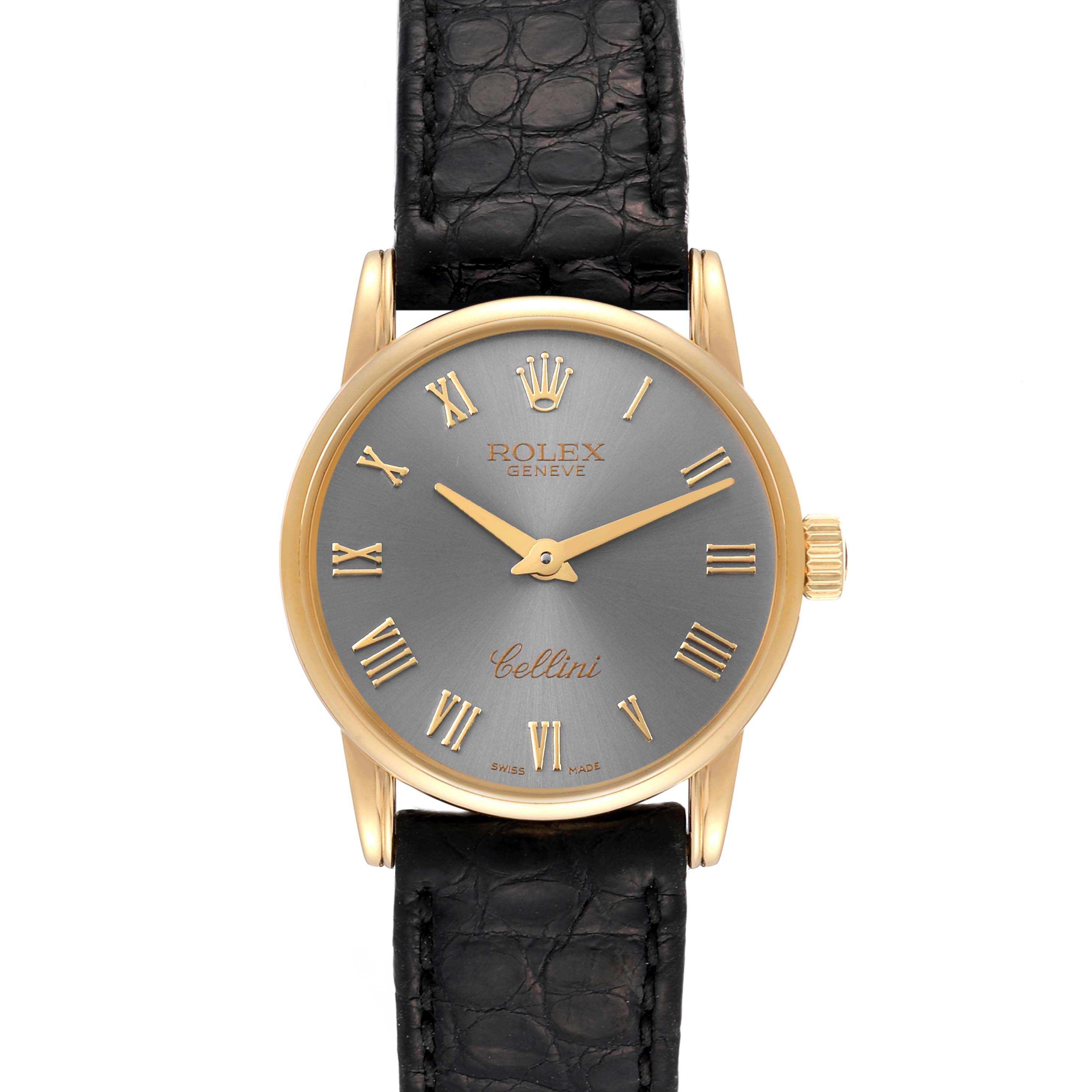 This image shows a front view of the Rolex Cellini 6111 Women's Yellow Gold Grey Dial 6111 Women's Yellow Gold Grey Dial watch, displaying the dial, crown, case, and leather strap.